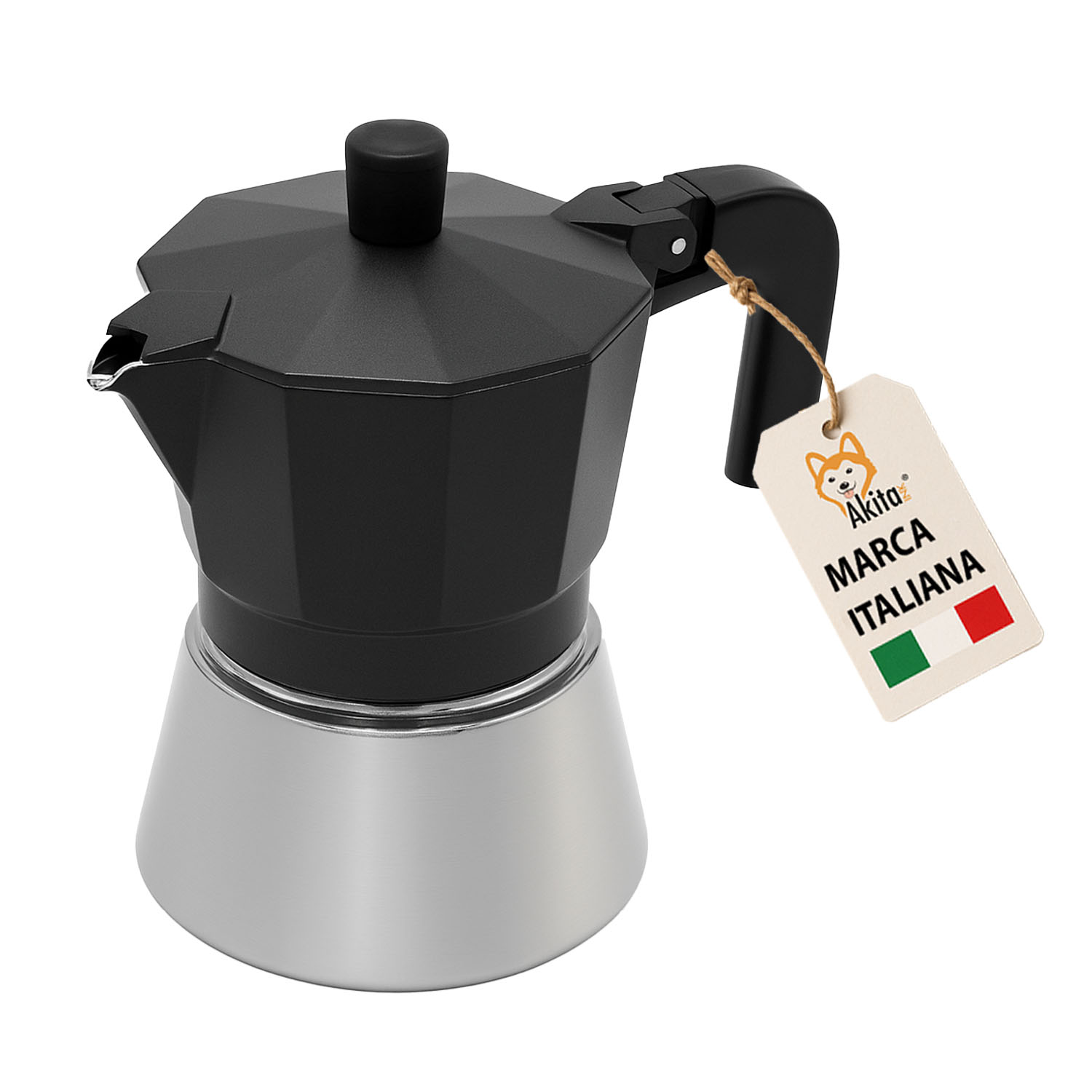 Caffettiera moka induzione 6 tazze acciaio inox nero.