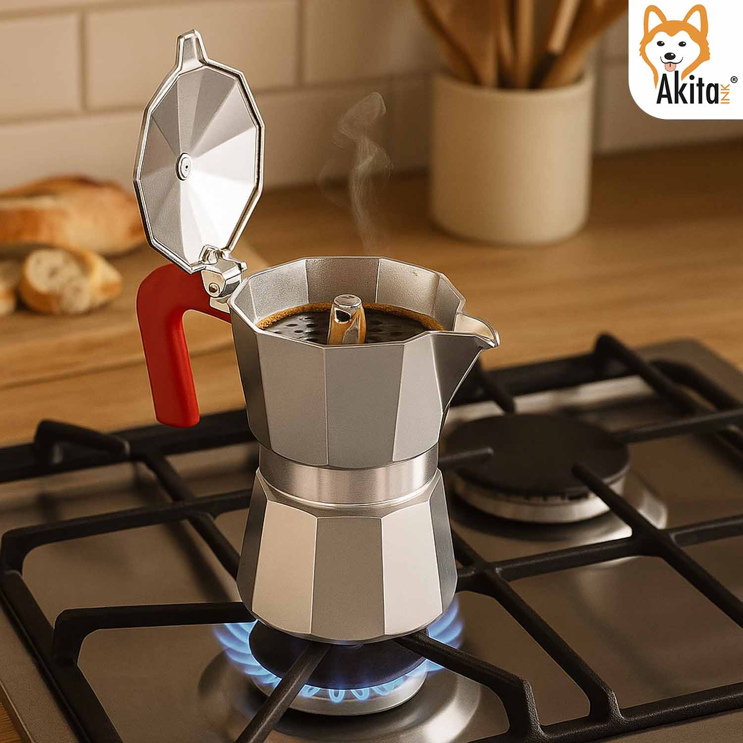 Caffettiera Moka Alluminio 3 Tazze Antigoccia Rossa foto 4