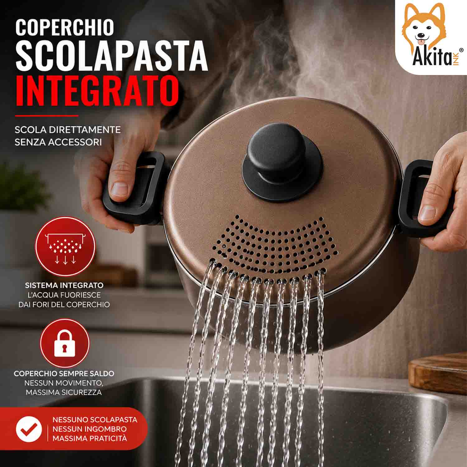 Pentola Scoli 22 cm con Coperchio Scolapasta Induzione foto 3