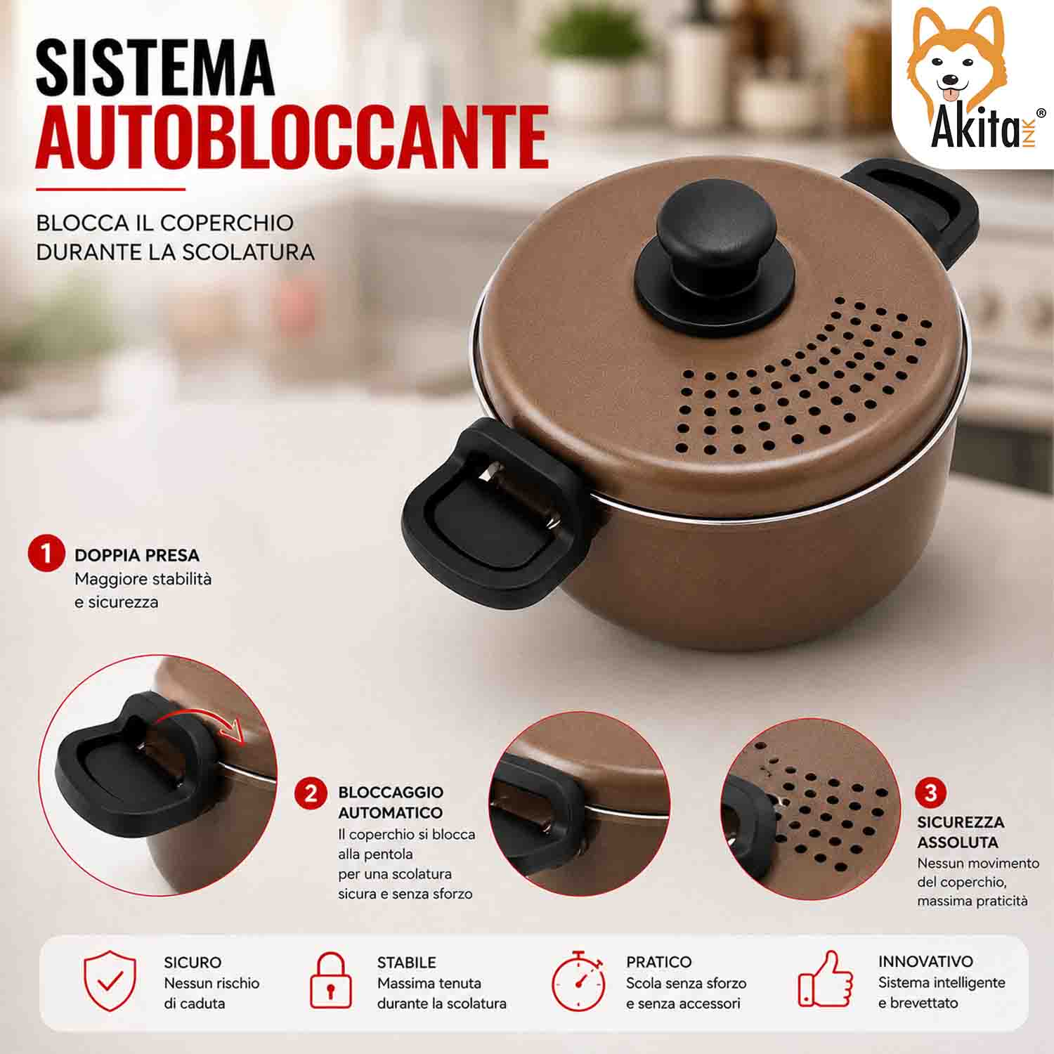 Pentola Scoli 22 cm con Coperchio Scolapasta Induzione foto 4