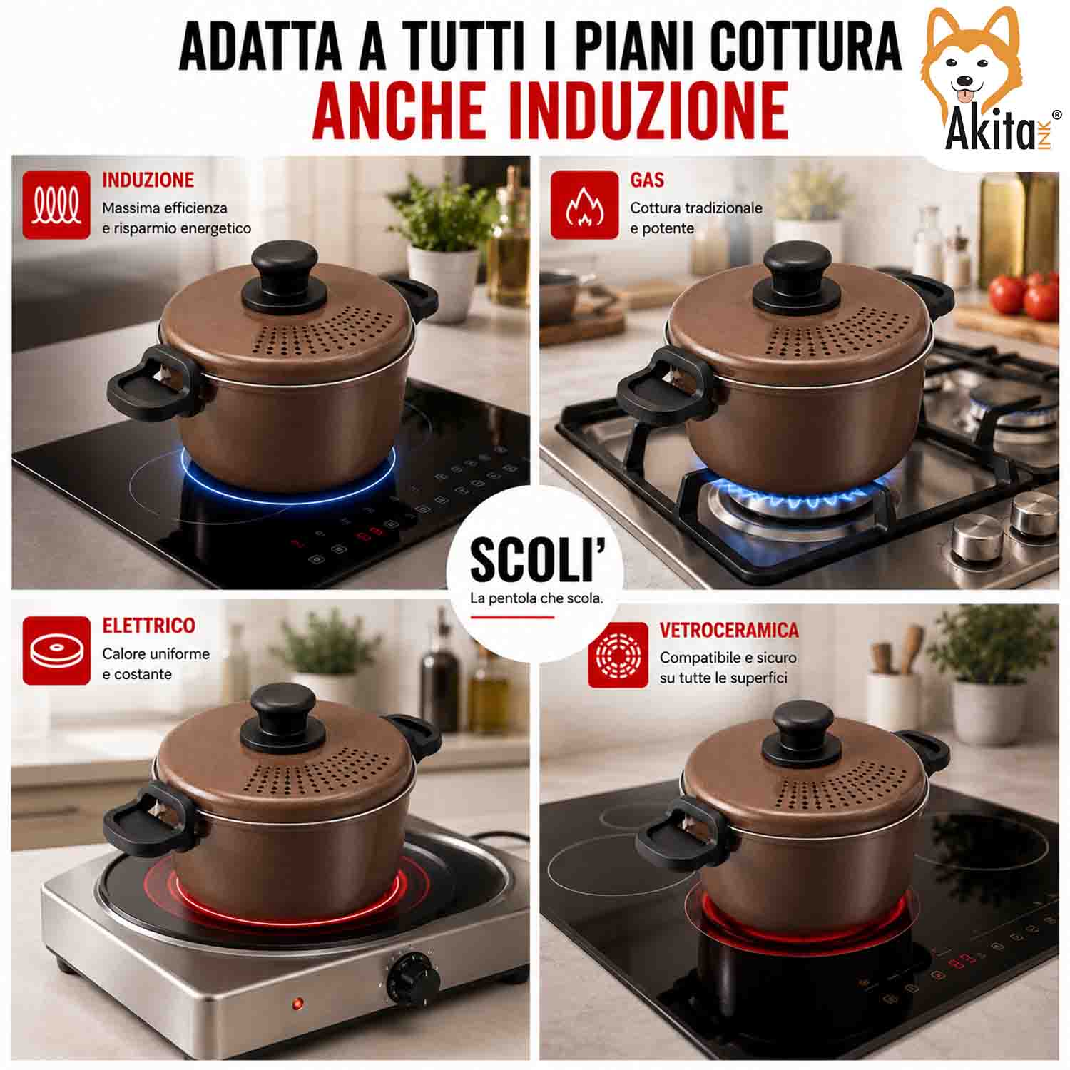Pentola Scoli 22 cm con Coperchio Scolapasta Induzione foto 6