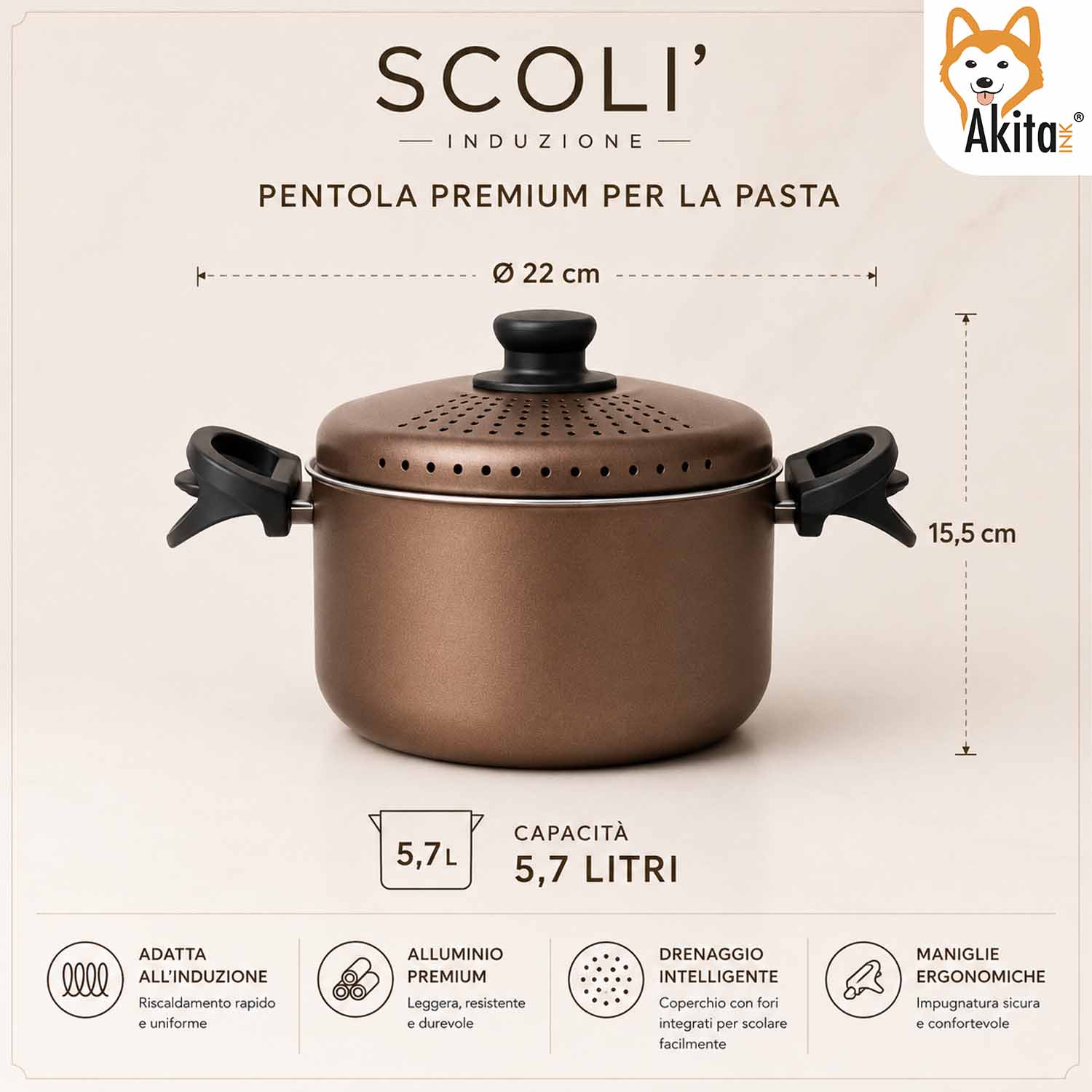 Pentola Scoli 22 cm con Coperchio Scolapasta Induzione foto 5