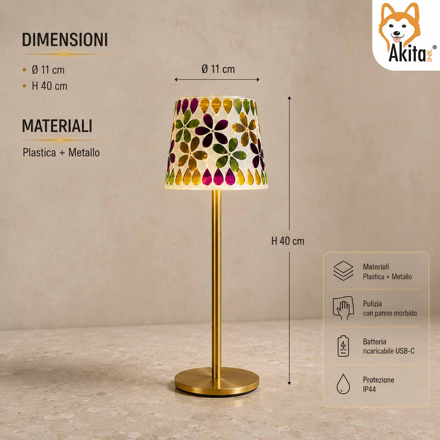 Akitaink Lampada da Tavolo LED Mosaico Flowers Ricaricabile foto 6