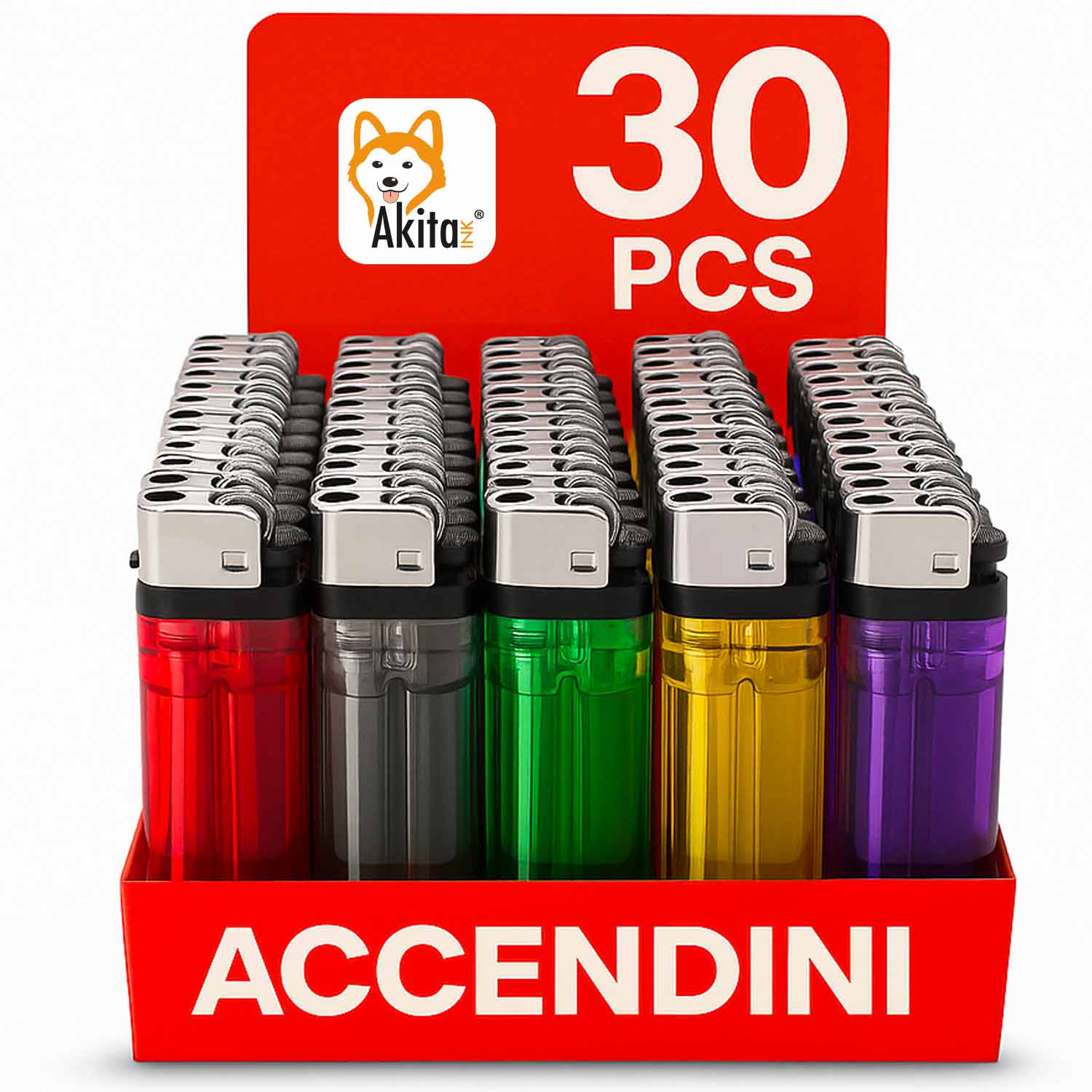 Set 30 accendini gas plastica colorati a pietrina.