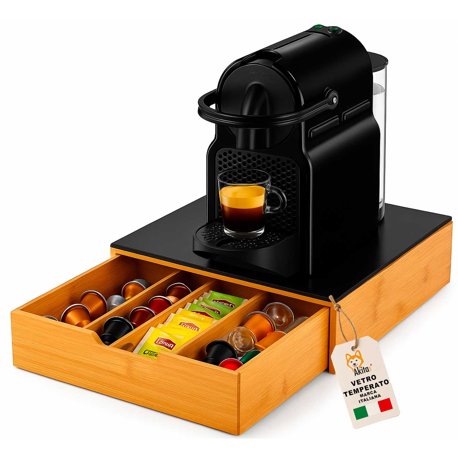 Porta cialde e capsule bambu' 30x30 - cassetto con vetro.