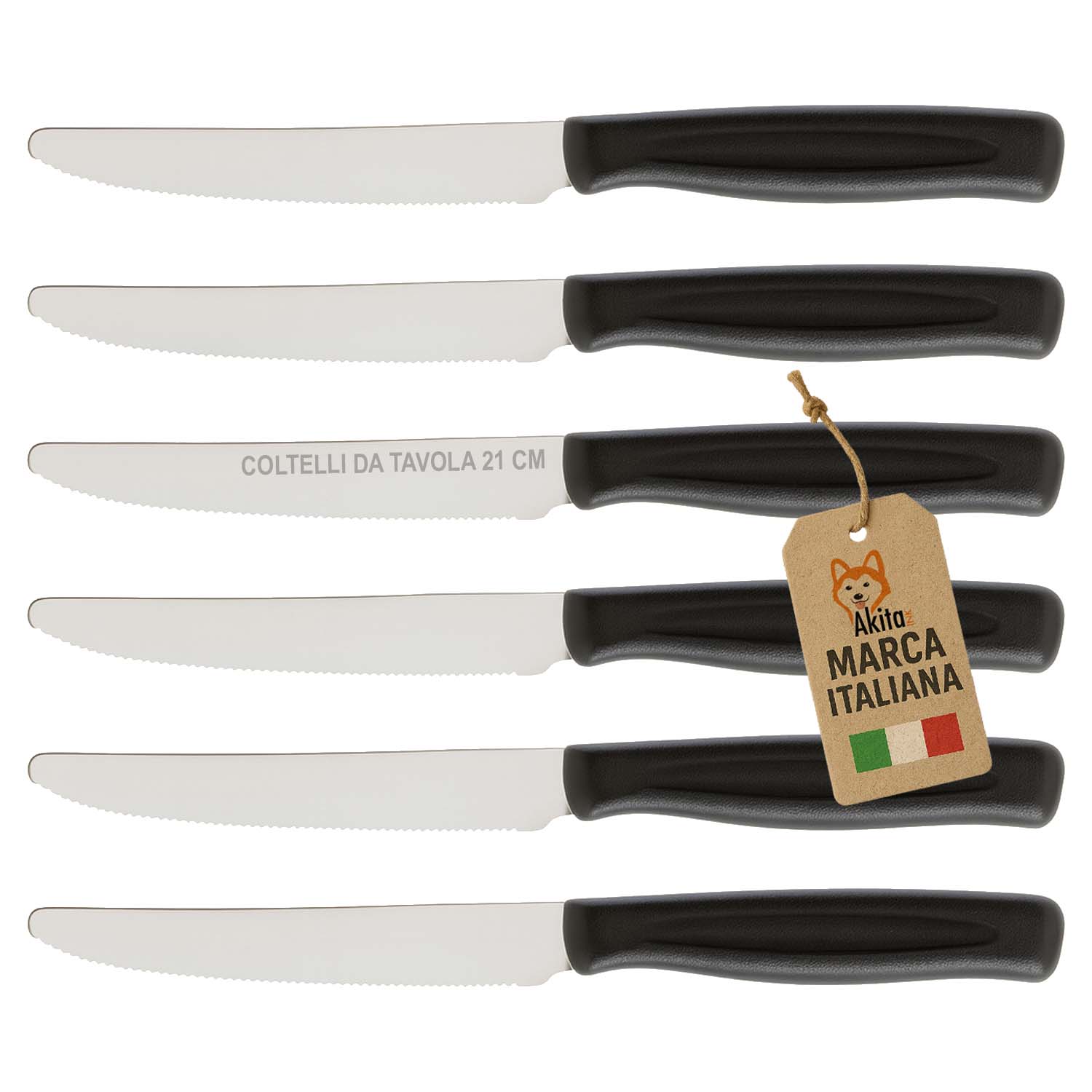 Set 6 coltelli da tavola con lama dentata.