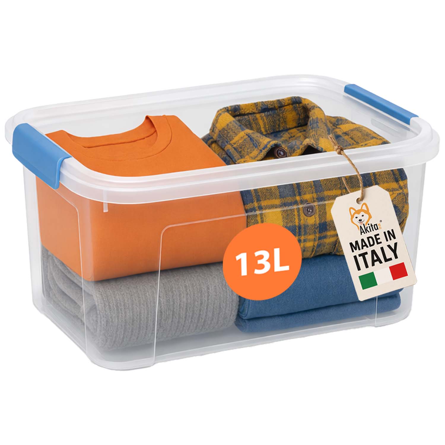 Contenitore plastica trasparente con clip.