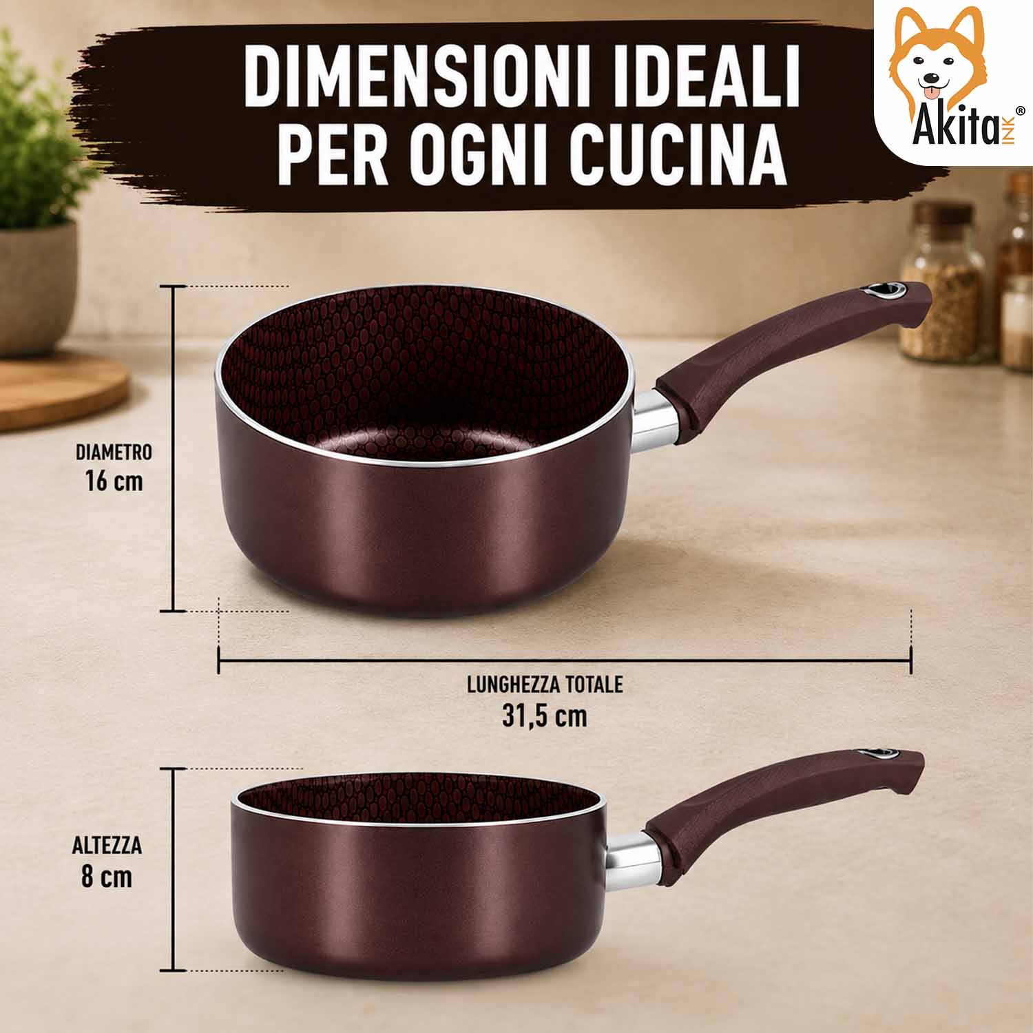 Casseruola 16 cm Induzione 1 Manico Antiaderente Marrone foto 6