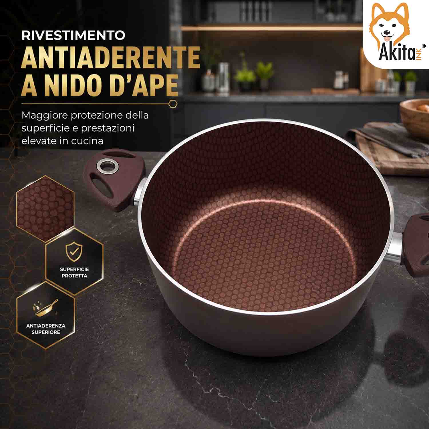 Casseruola 20 cm Induzione 2 Manici Antiaderente Marrone foto 3