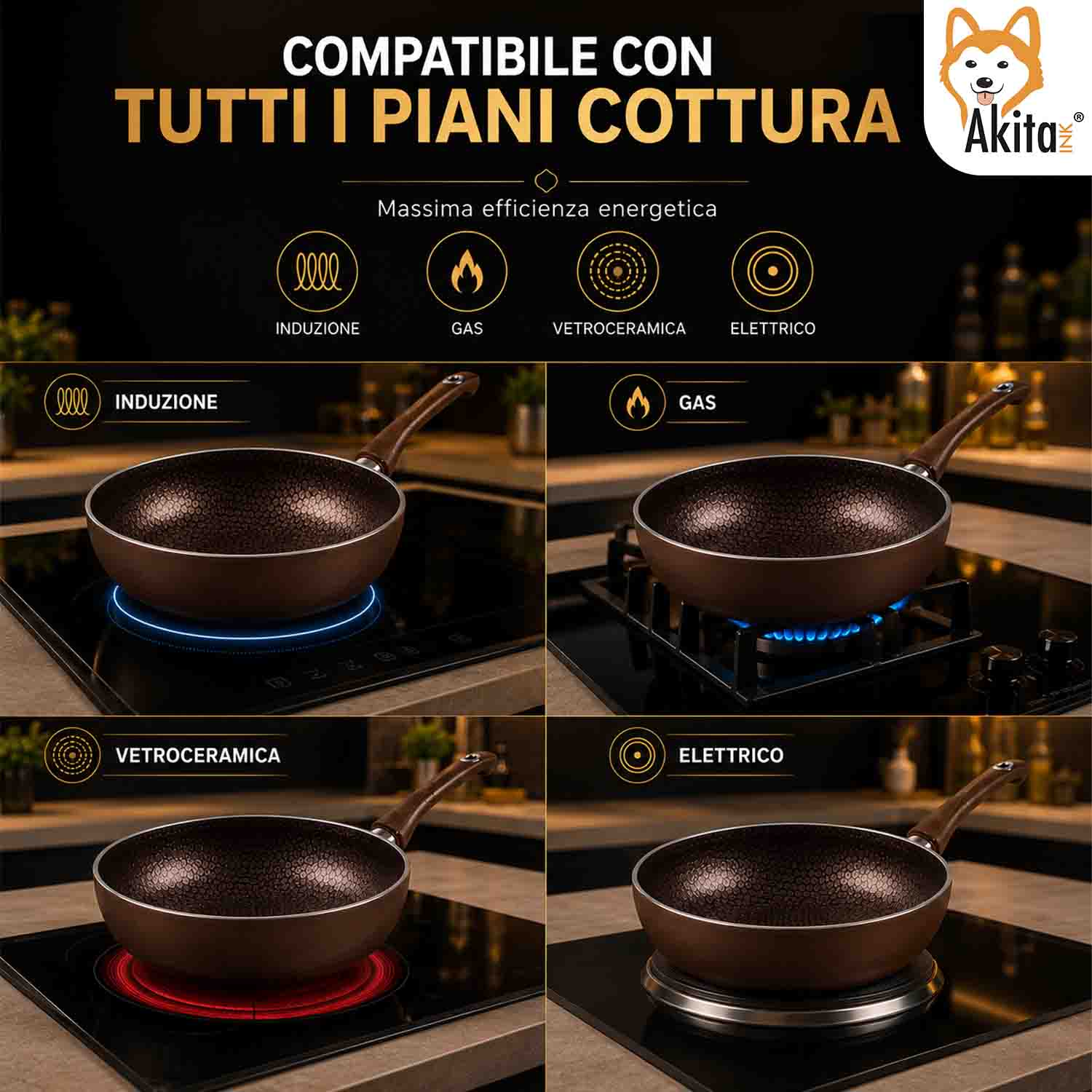Wok Saltapasta 24 cm Antiaderente Induzione Marrone foto 3