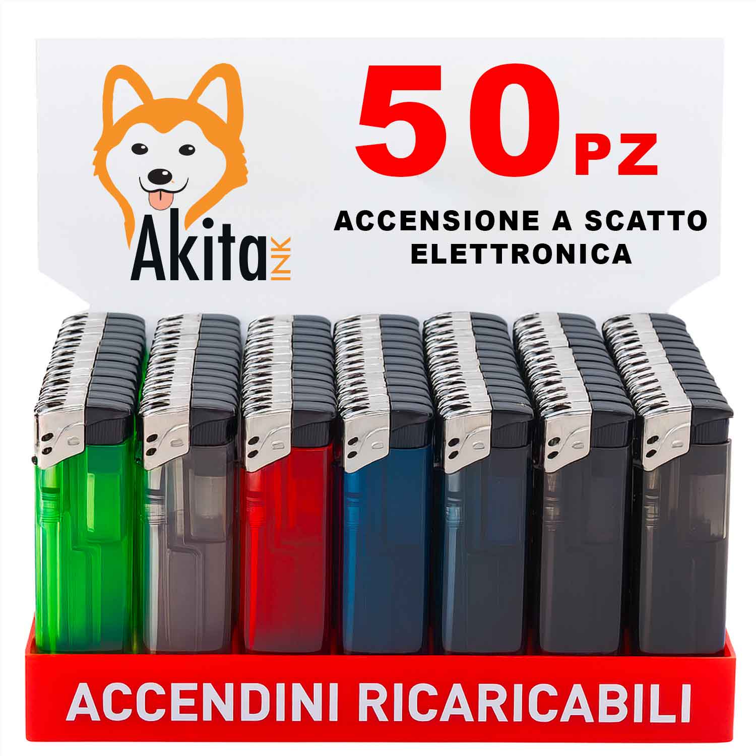 50 accendini a scatto elettronico ricaricabili in box gas colorati.
