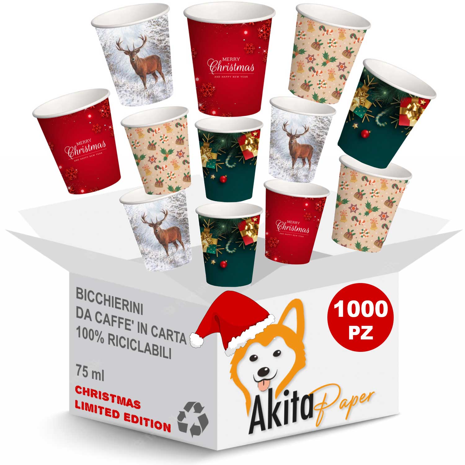 1000 Bicchieri natalizi caffe carta 75ml Natale: AKITAInk monouso biodegradabili foto 2