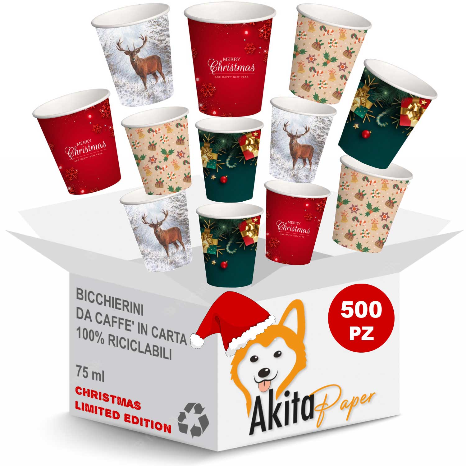 500 bicchieri natalizi caff carta 75ml natale: akitaink monouso biodegradabili