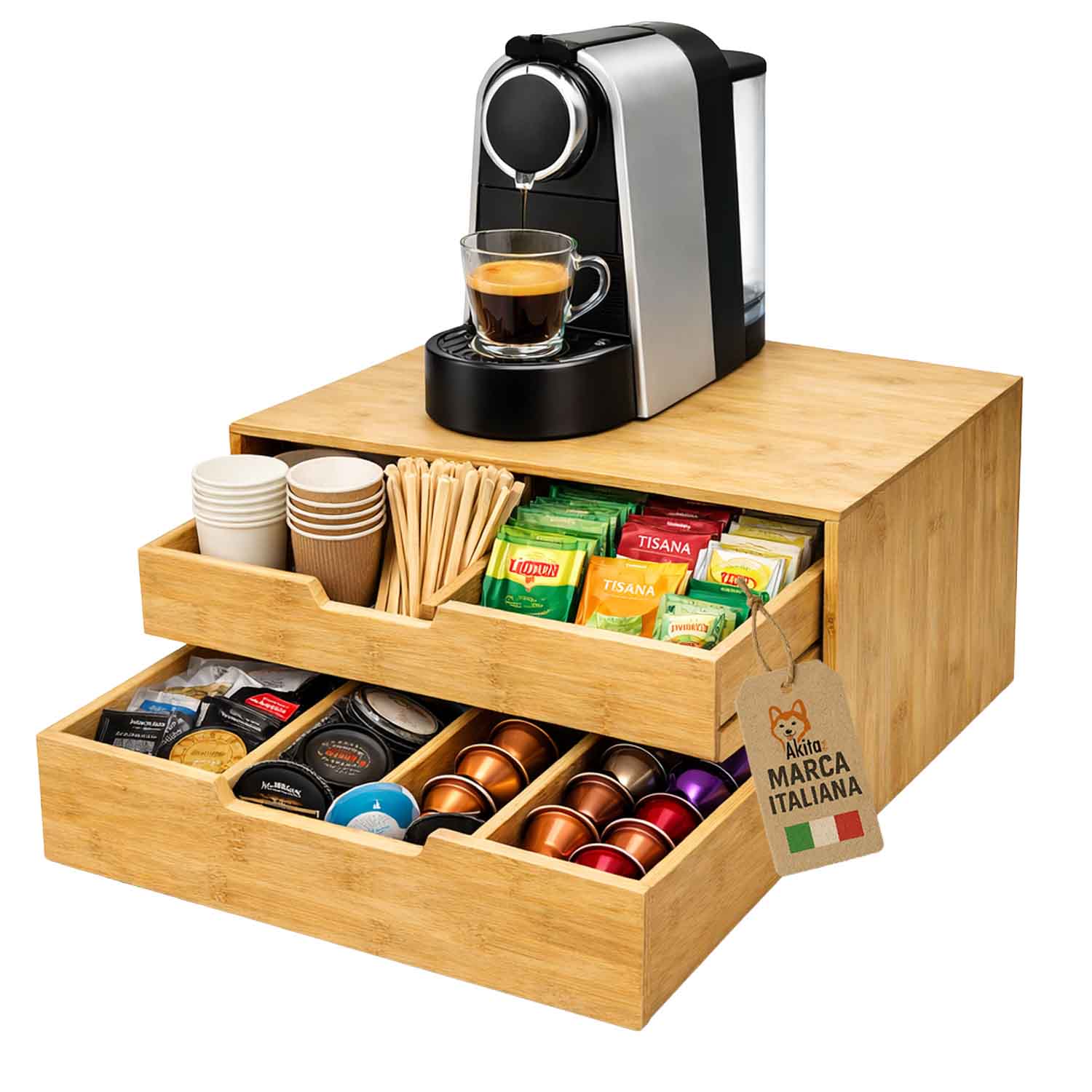 Portacapsule Bamboo con Doppio Cassetto 34x31x18 cm foto 2