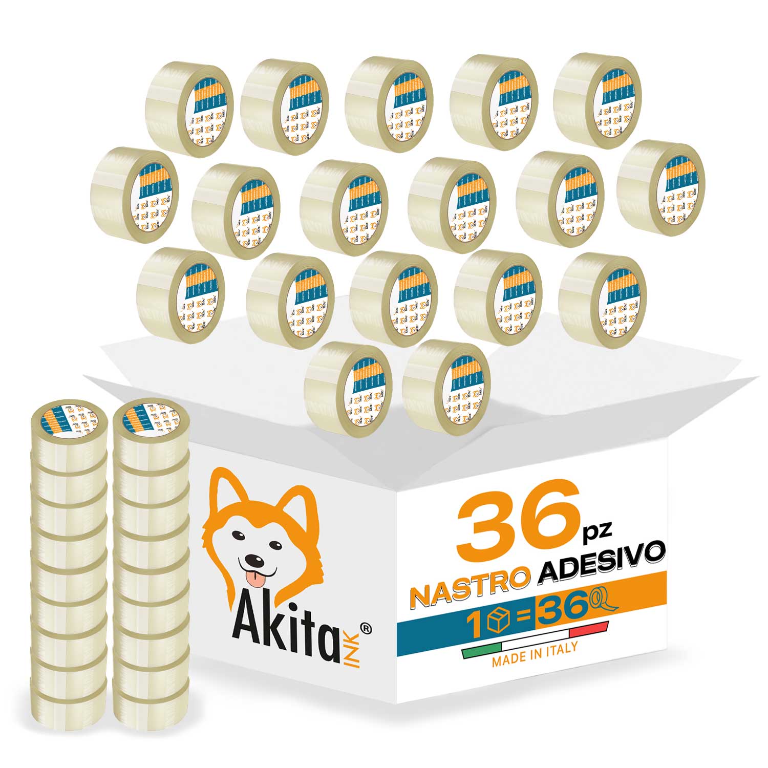 Akitaink nastro adesivo pacchi imballaggi trasparente 50x66 mt silenzioso 36 pcs.