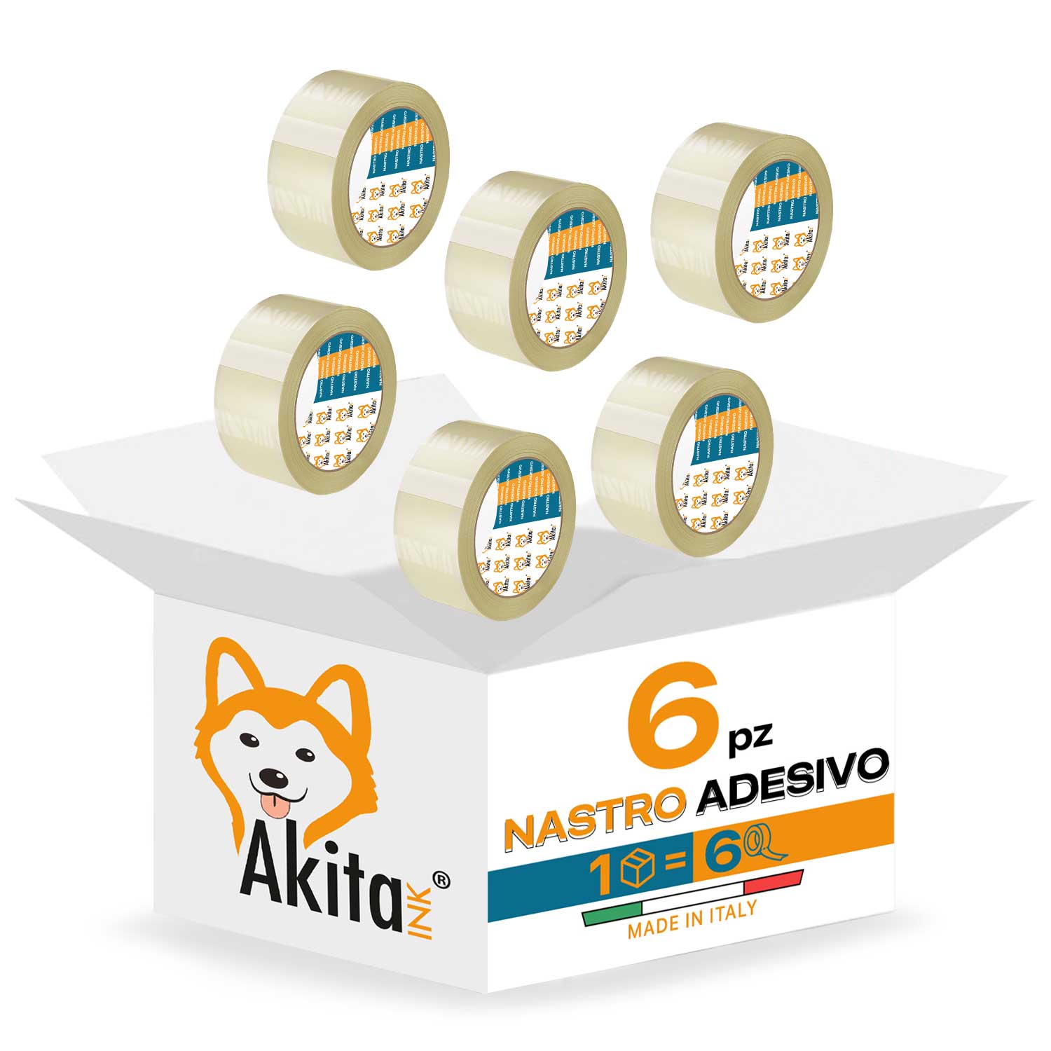 Akitaink nastro adesivo pacchi imballaggi trasparente 50x66 mt silenzioso 6 pcs.