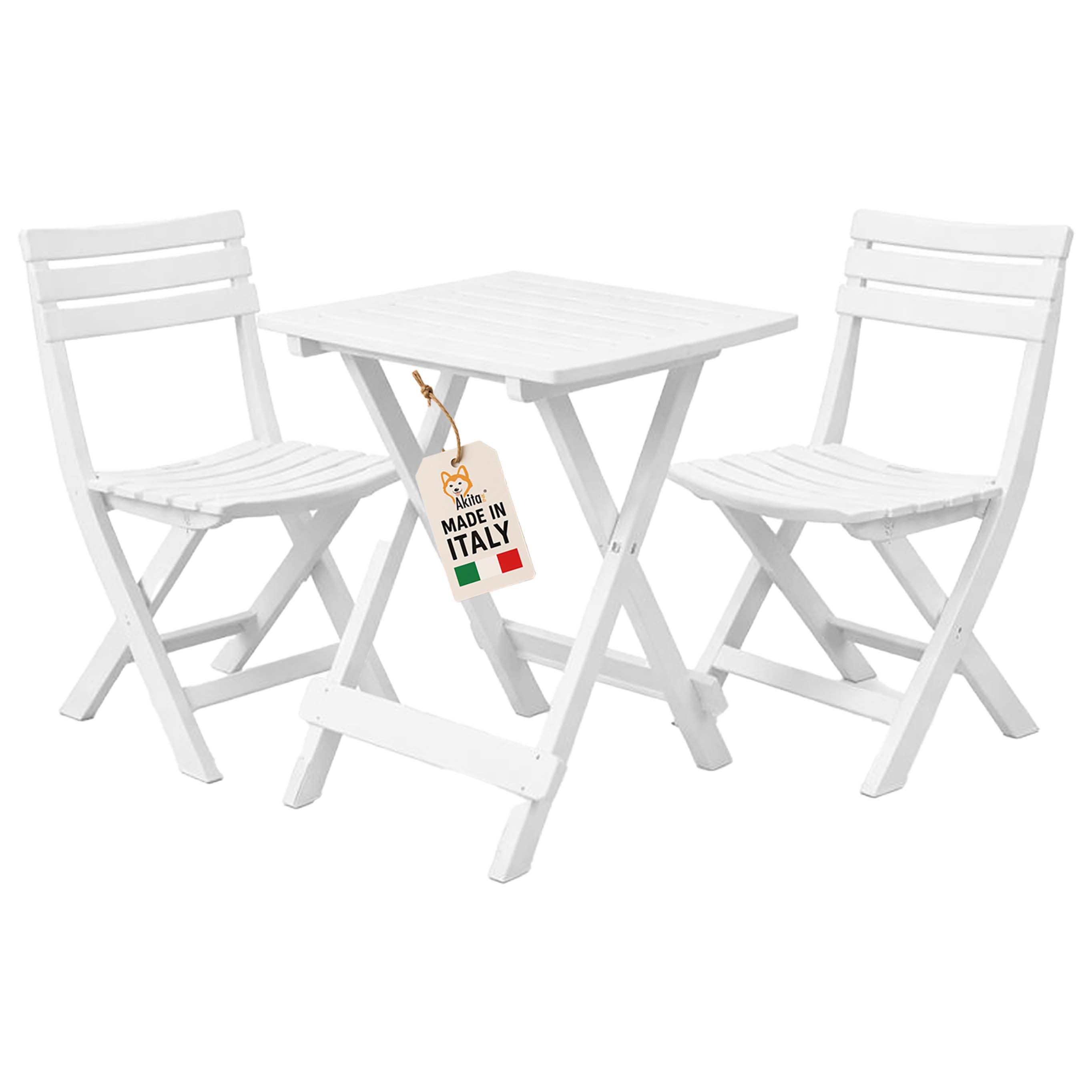 Kit tavolino + 2 sedie pieghevoli in resina bianca.