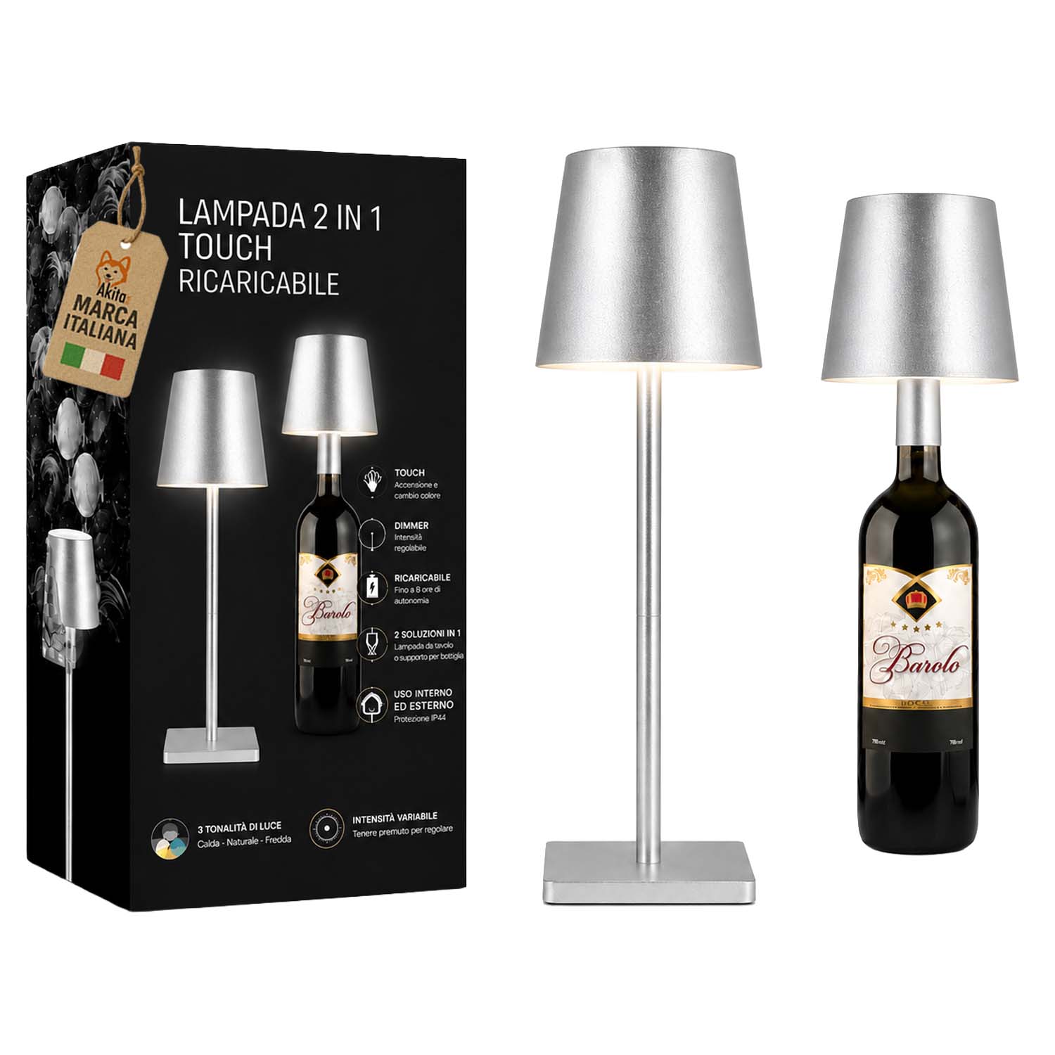 Akitaink lampada da tavolo led argento ricaricabile.