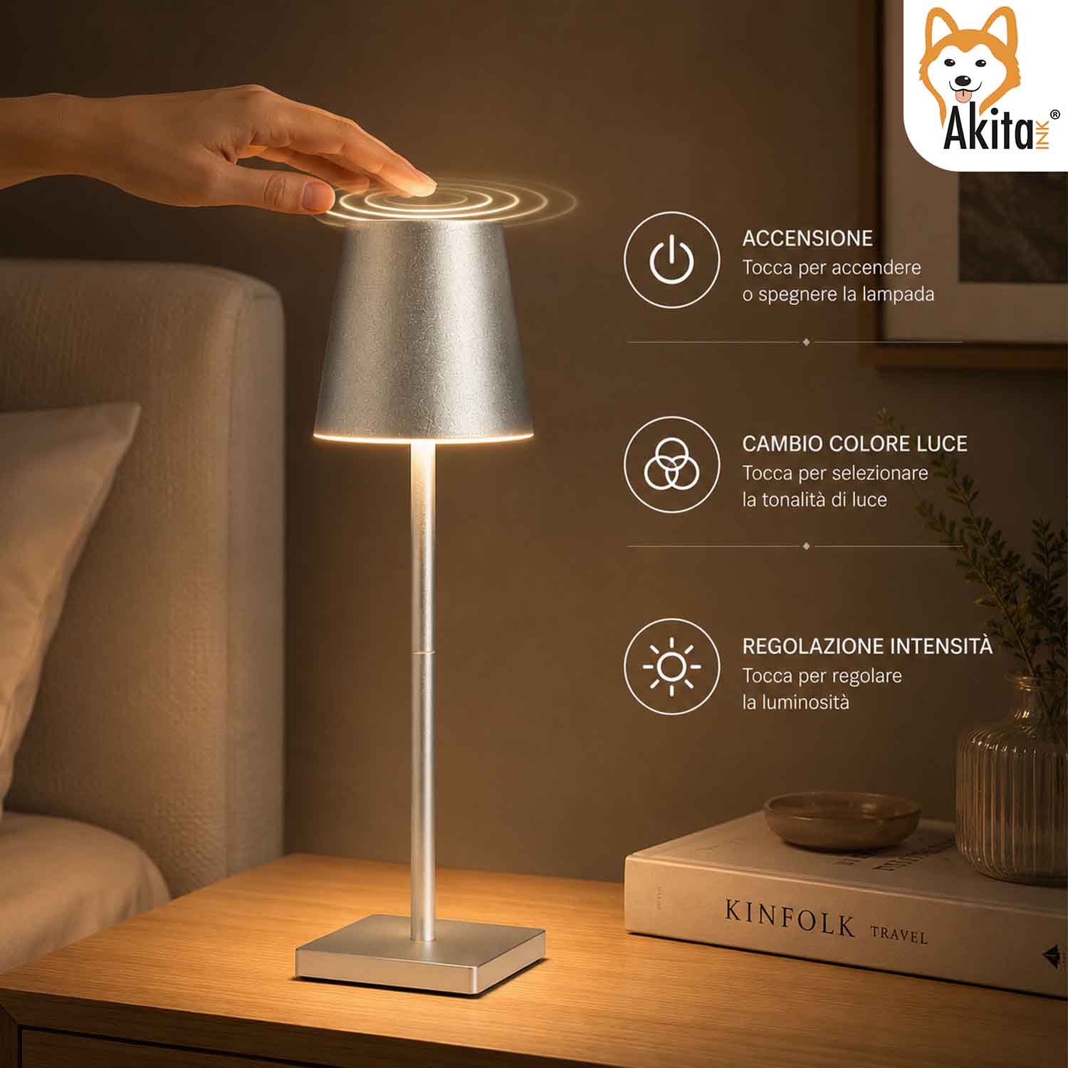 Akitaink Lampada da Tavolo LED Argento Ricaricabile foto 4