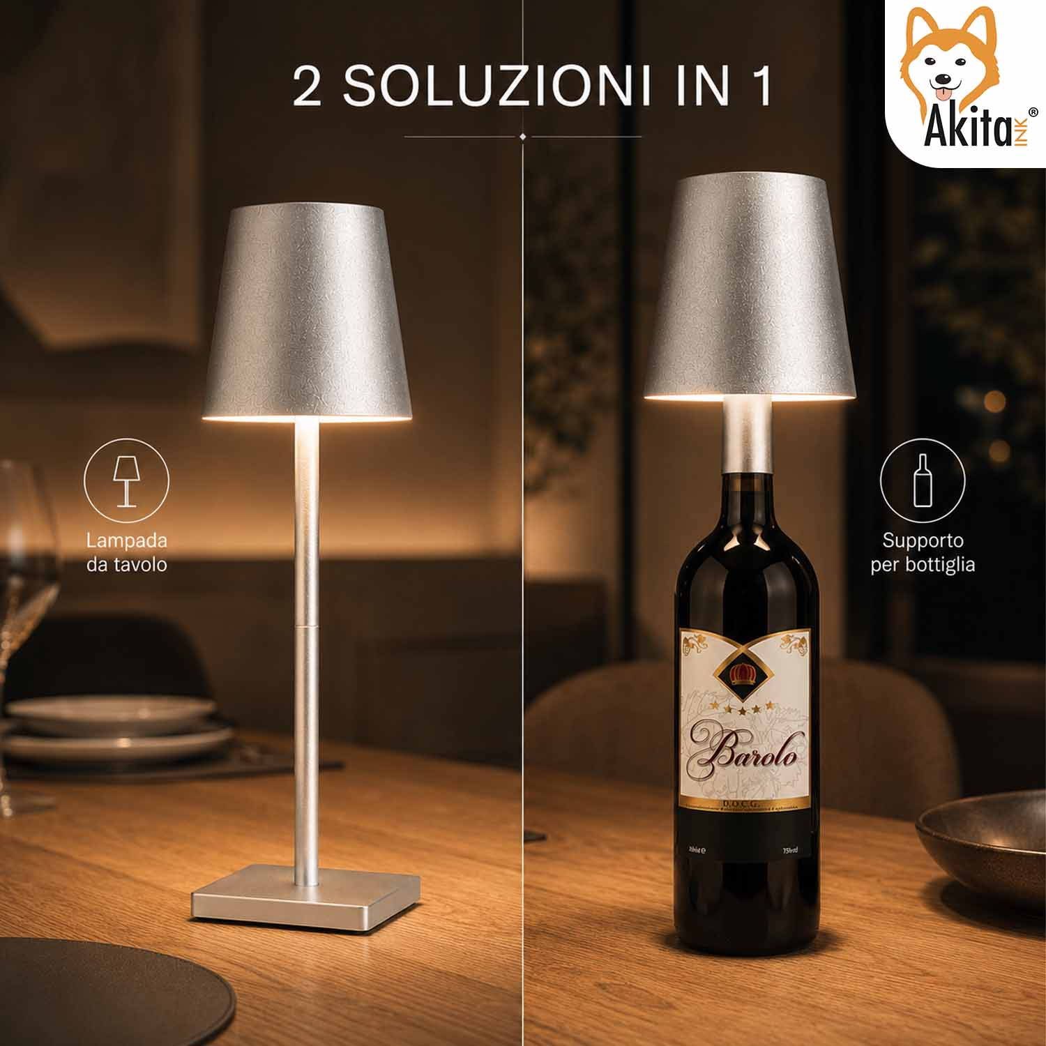 Akitaink Lampada da Tavolo LED Argento Ricaricabile foto 5