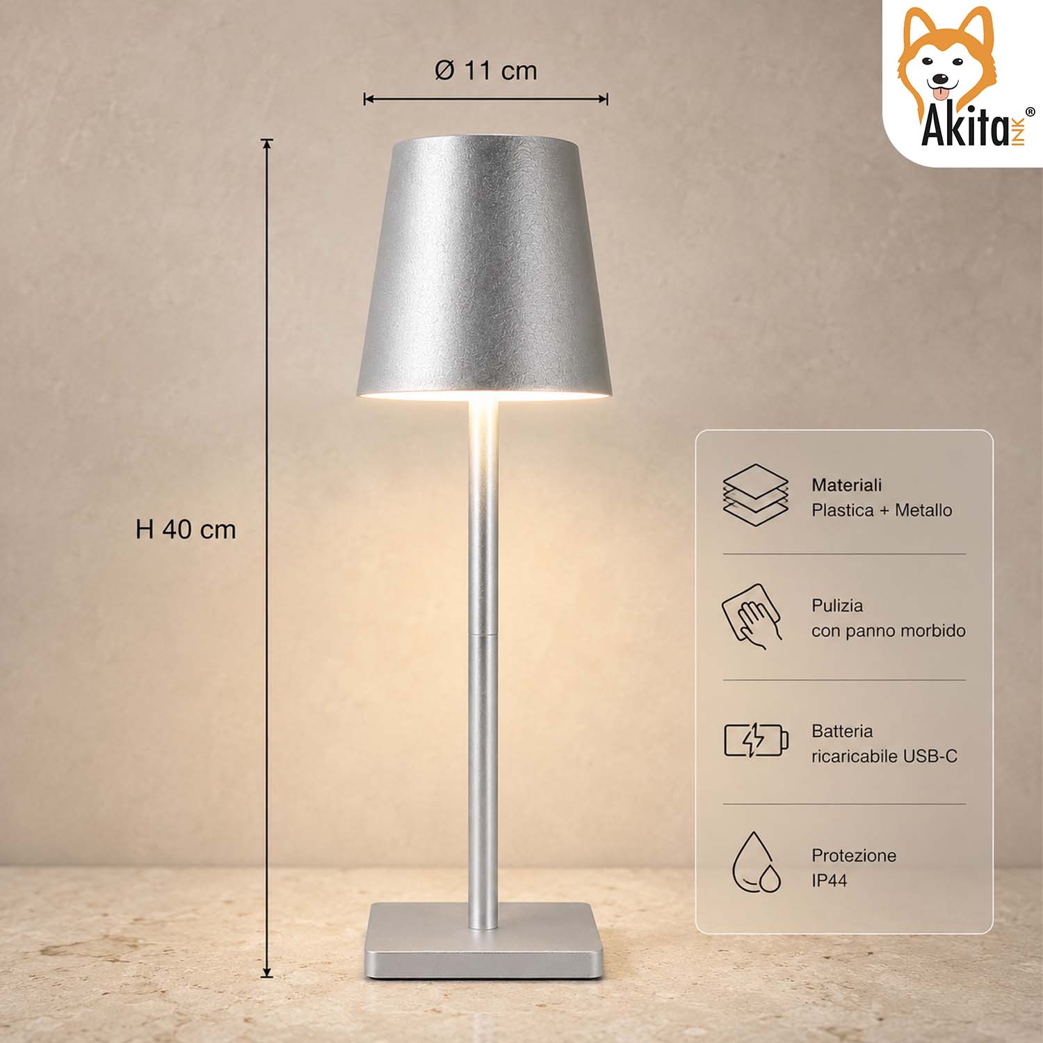 Akitaink Lampada da Tavolo LED Argento Ricaricabile foto 6