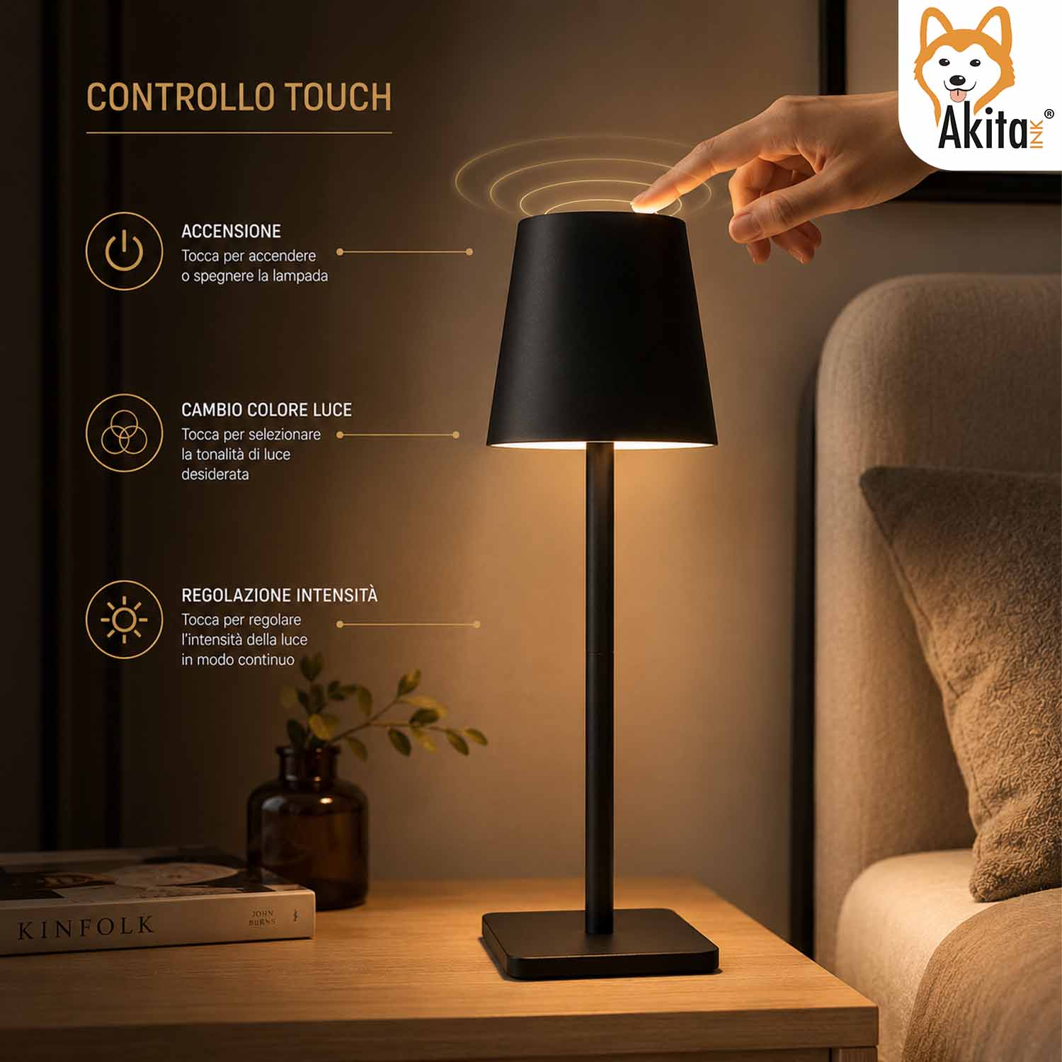 Akitaink Lampada da Tavolo LED Nero Ricaricabile foto 4