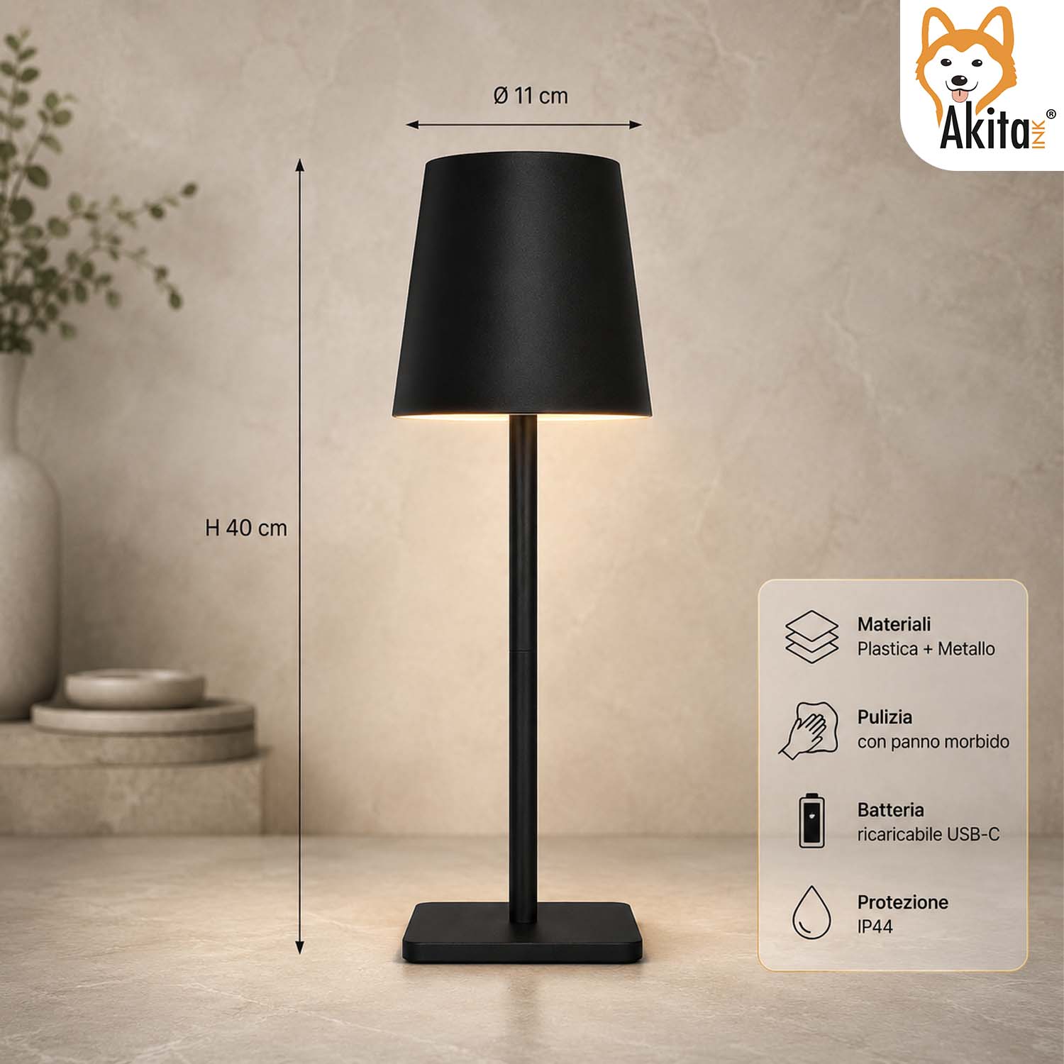 Akitaink Lampada da Tavolo LED Nero Ricaricabile foto 6