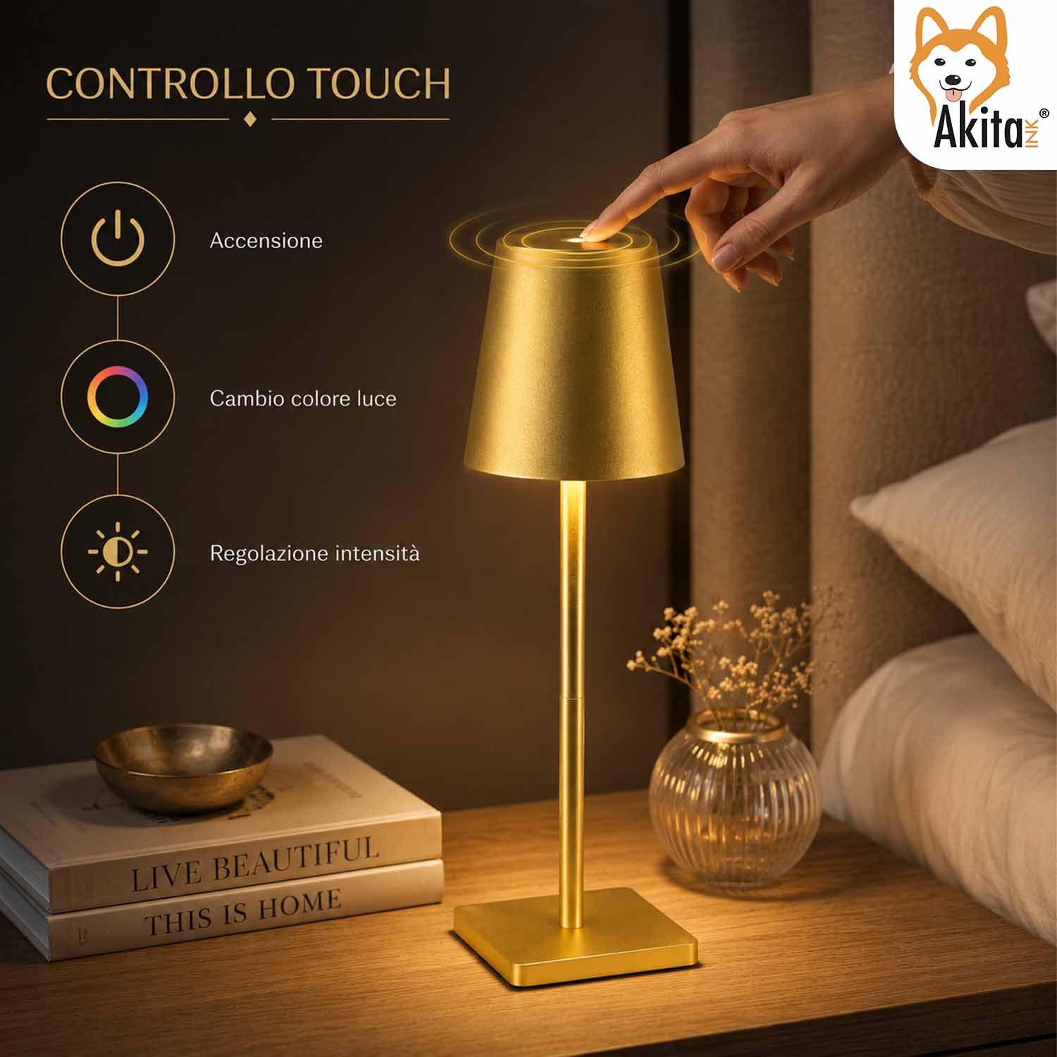Akitaink Lampada da Tavolo LED Oro Ricaricabile foto 4