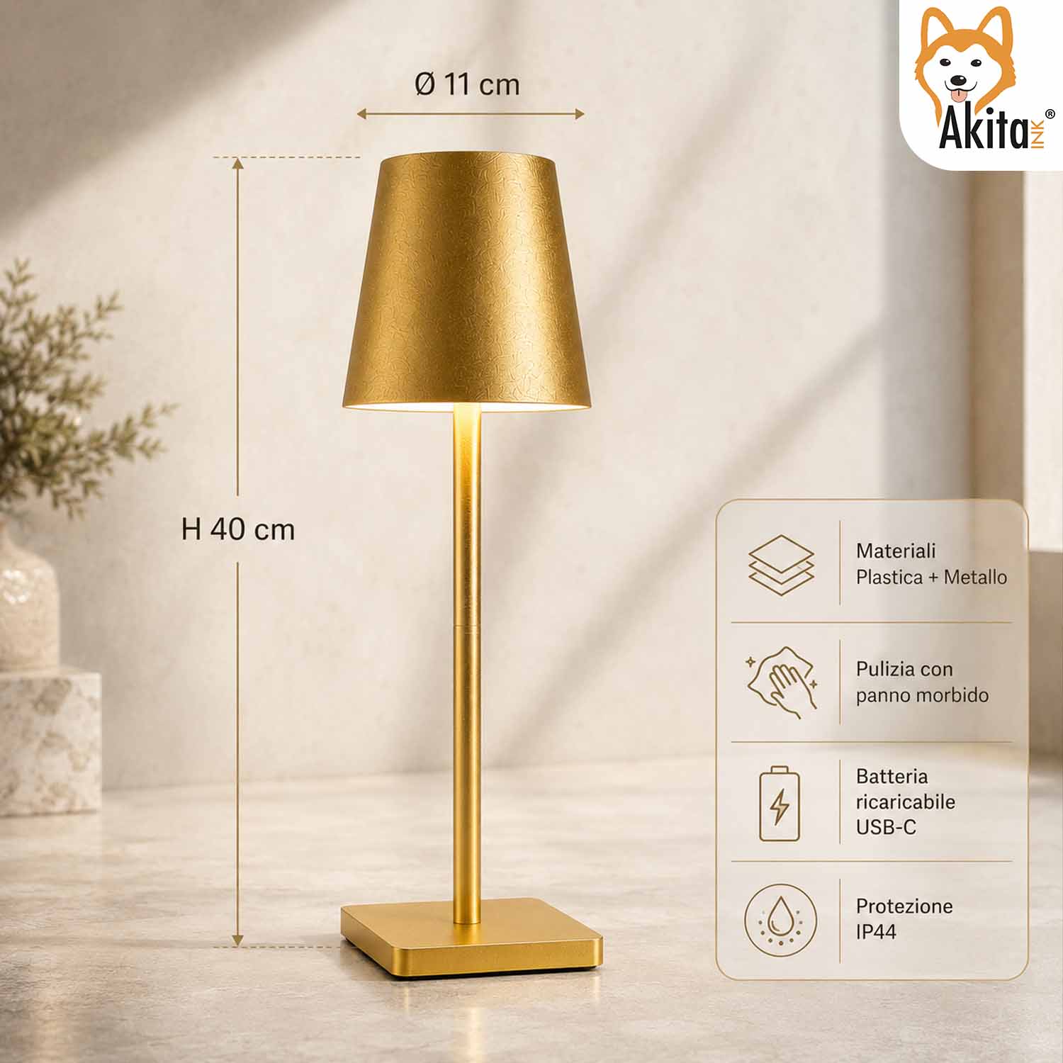 Akitaink Lampada da Tavolo LED Oro Ricaricabile foto 6