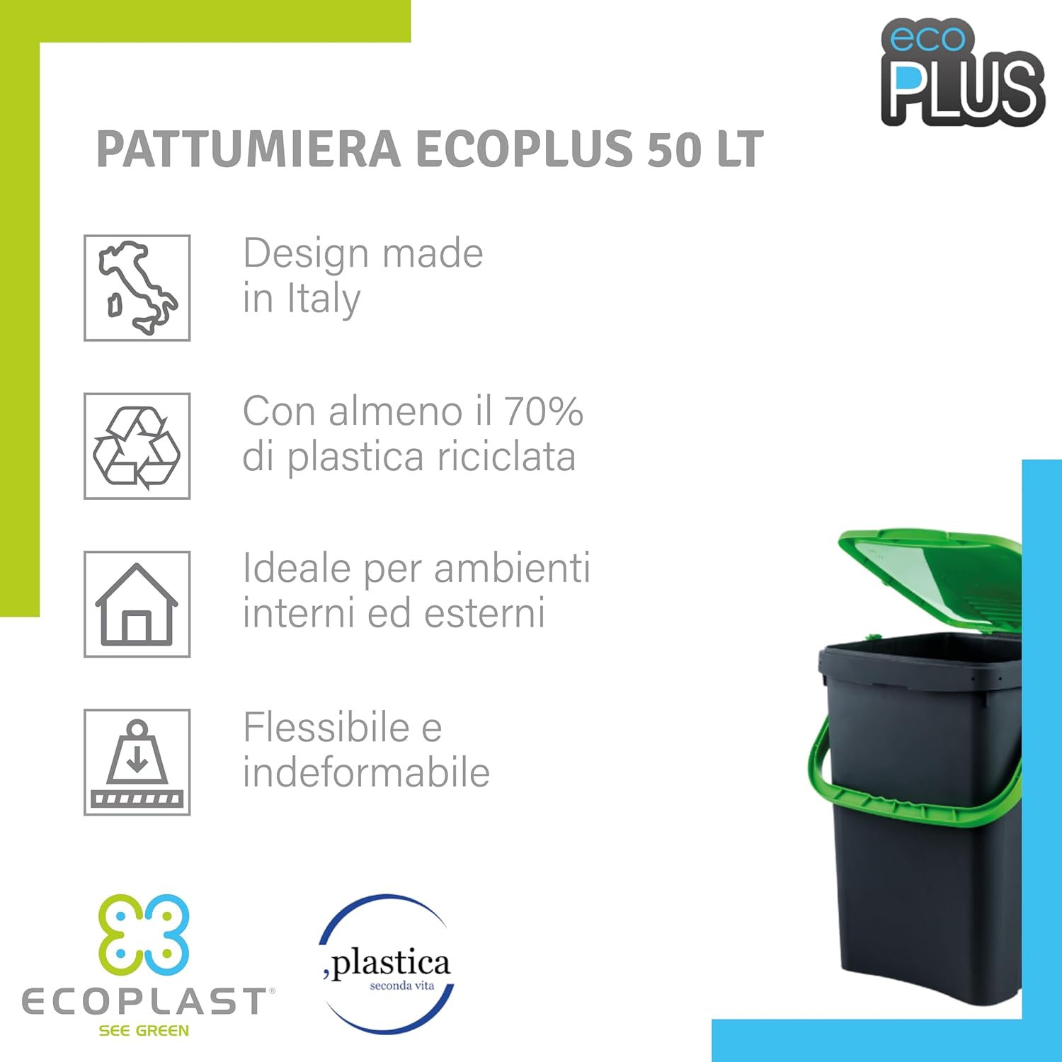 Ecoplast Pattumiera Differenziata 50L Blu Riciclata foto 4