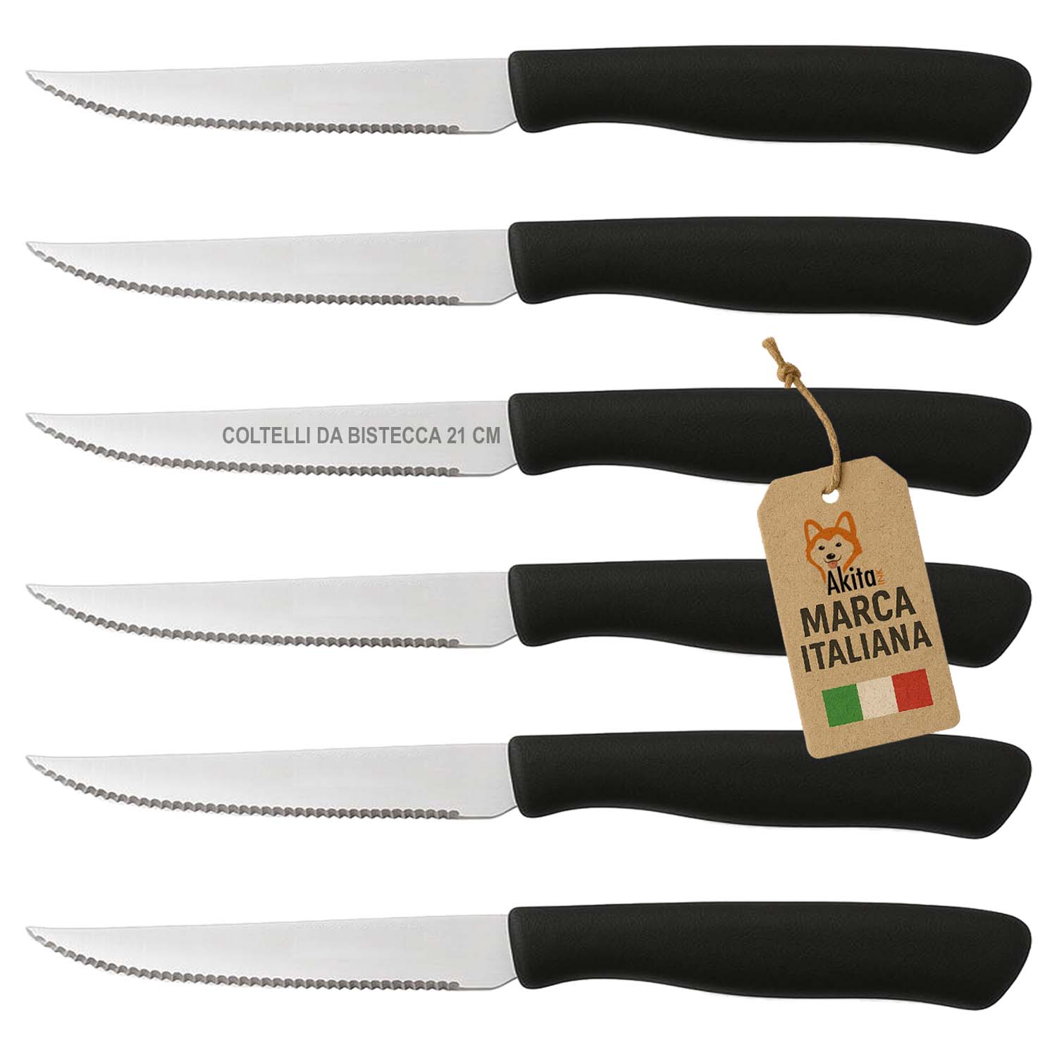 Set 6 coltelli da bistecca con lama dentata.