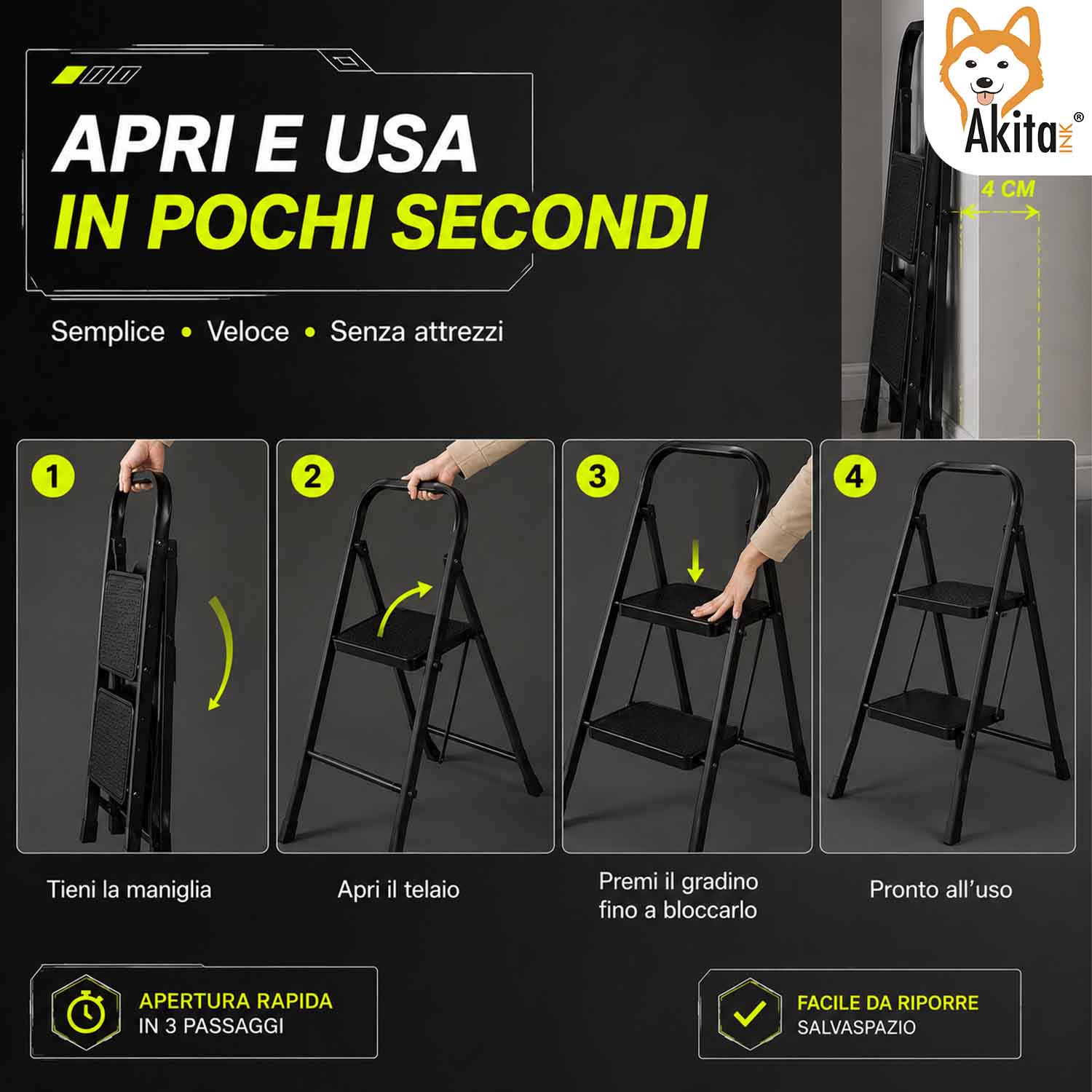 Scaletta Pieghevole 2 Gradini Nero Acciaio Antiscivolo foto 4
