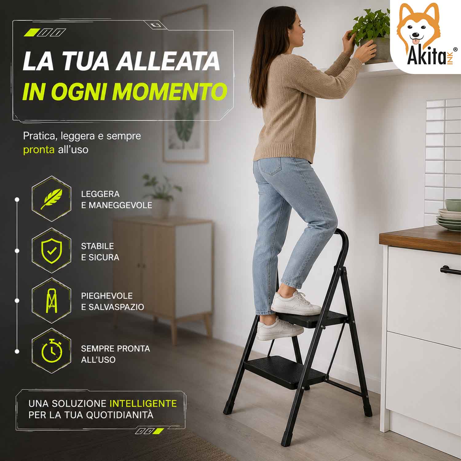 Scaletta Pieghevole 2 Gradini Nero Acciaio Antiscivolo foto 5