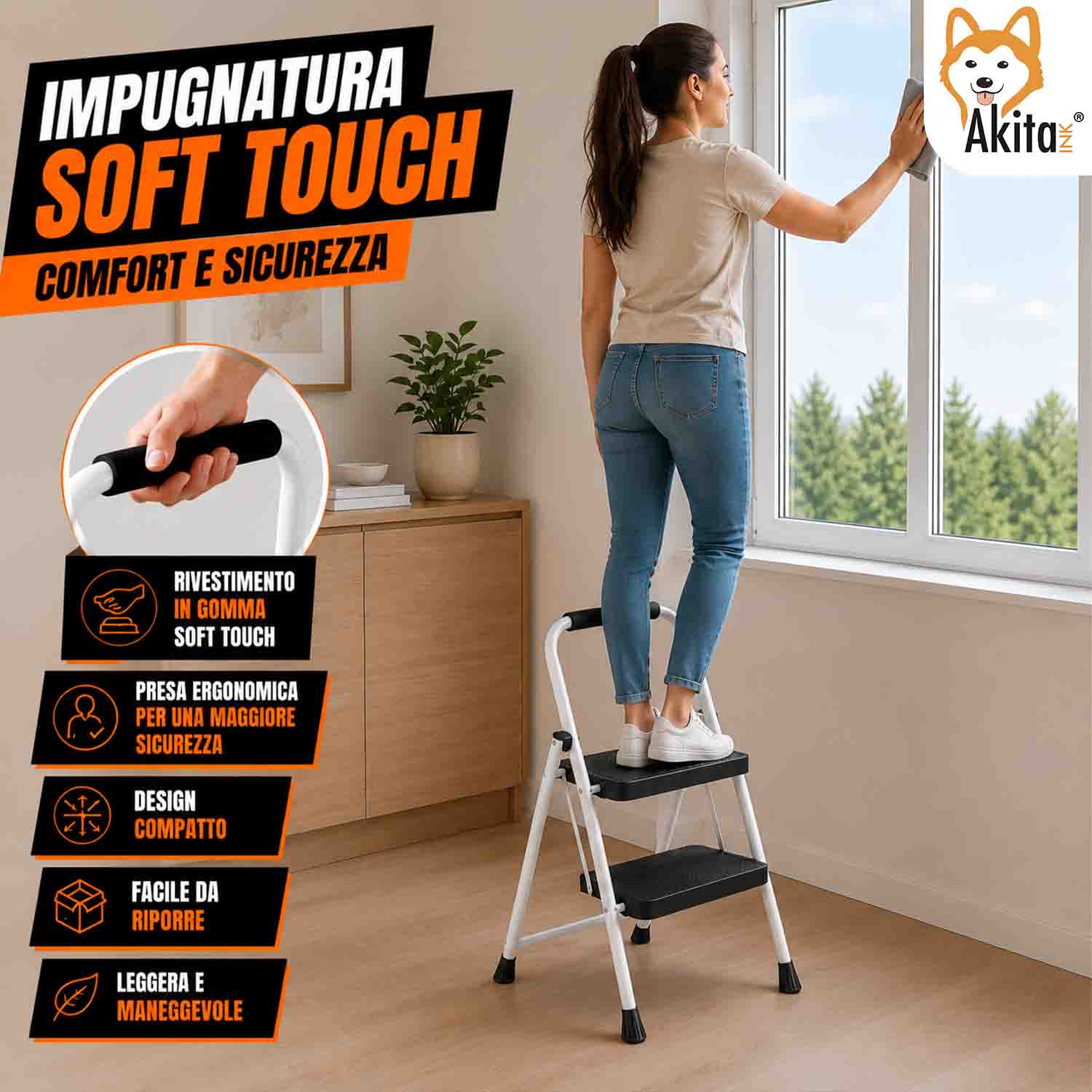 Scaletta Acciaio 2 Gradini Pieghevole Salvaspazio Bianca foto 5