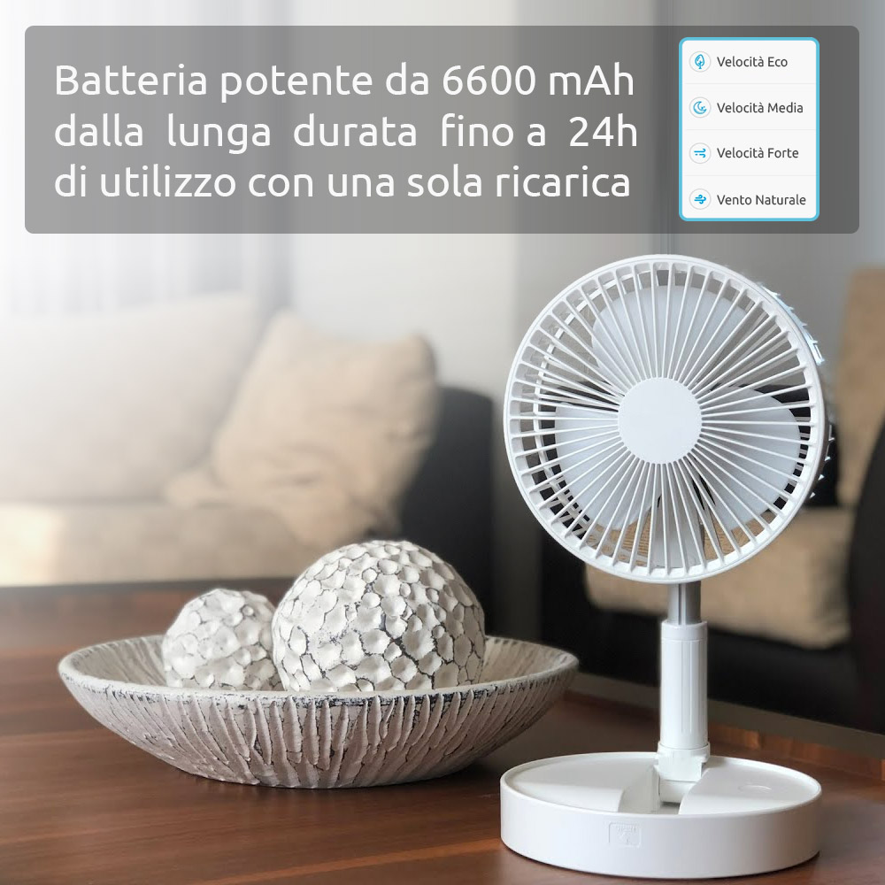 Mini ventilatore portatile con batteria ricaricabile con base da tavolo.