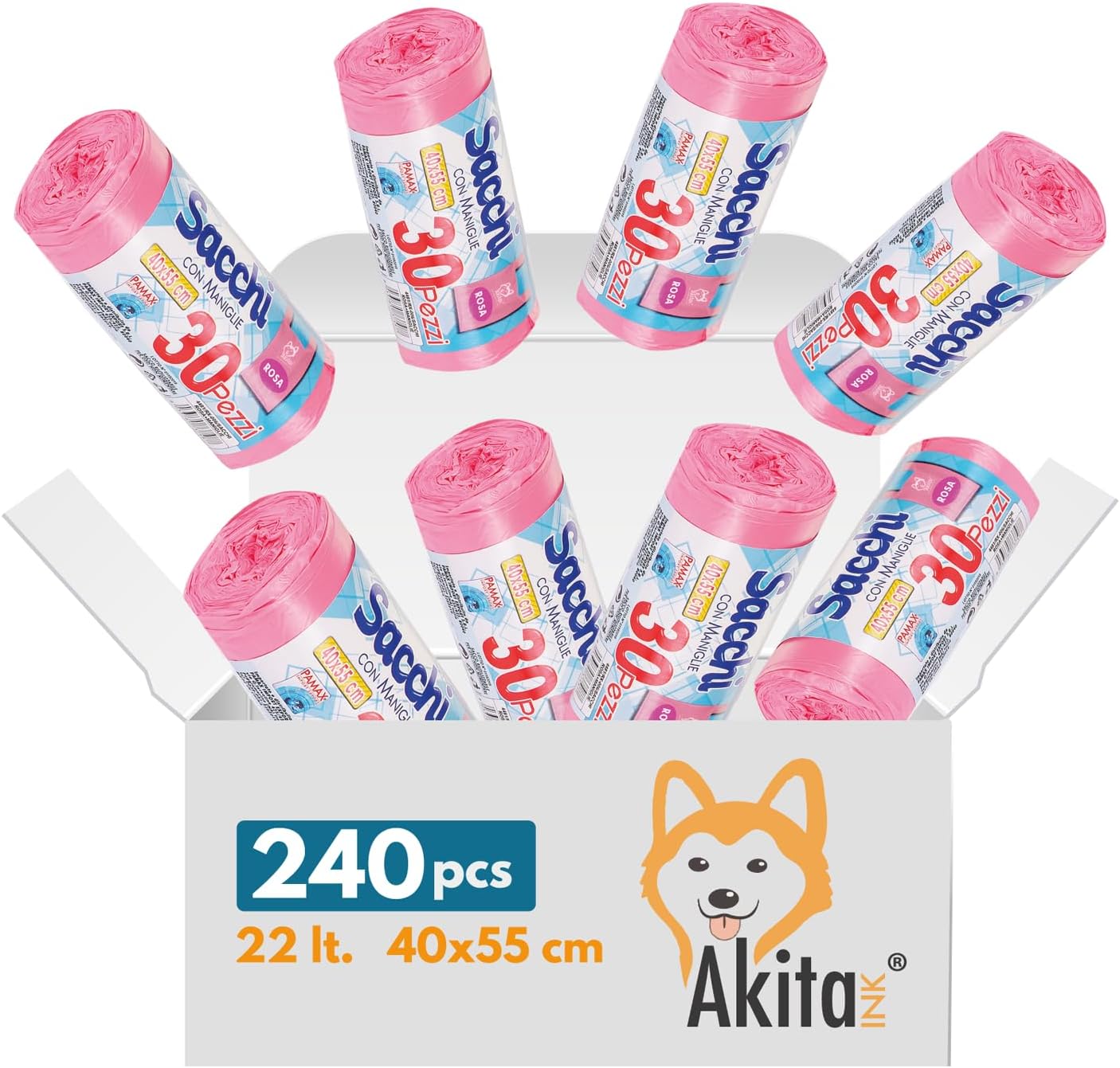 Akitaink - 240 sacchi nettezza antiforo con manici 40x55 cm rosa