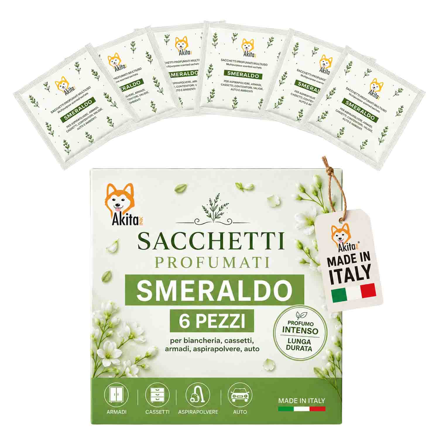 Set 6 sacchetti profumati smeraldo per armadi e cassetti.