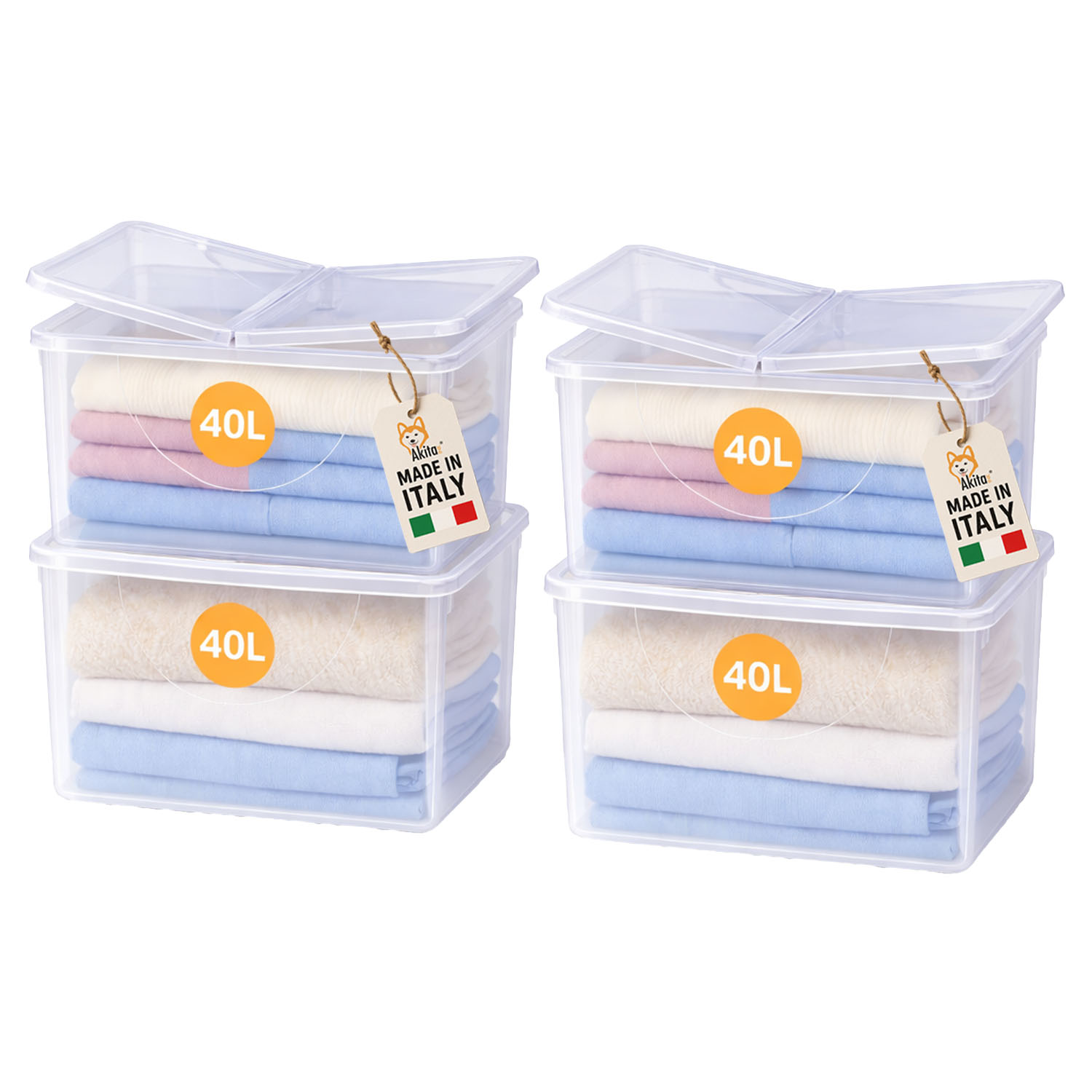 Set 4 contenitori plastica 40l con coperchio doppia apertura.