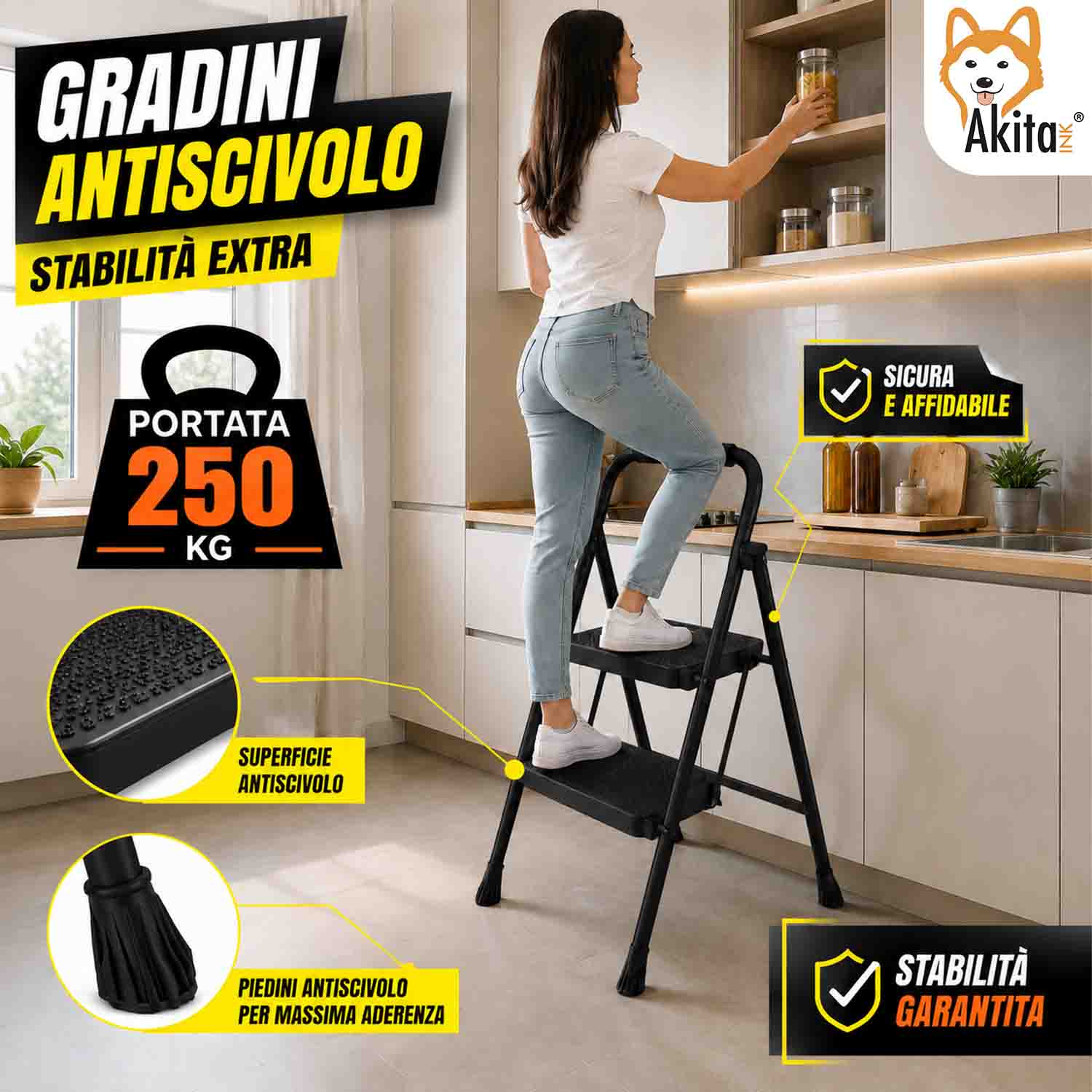 Scaletta Acciaio 2 Gradini Pieghevole Salvaspazio Nera foto 3