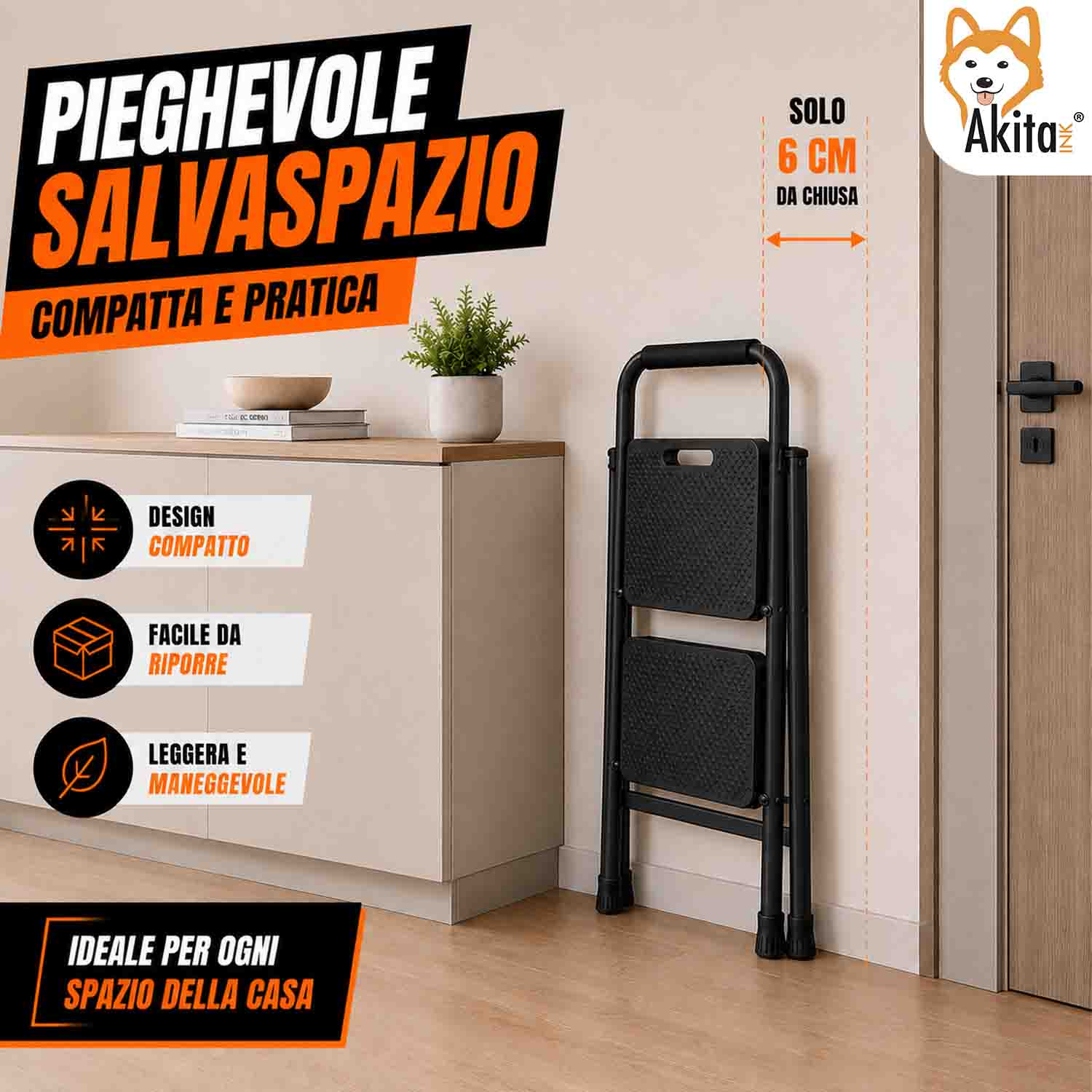 Scaletta Acciaio 2 Gradini Pieghevole Salvaspazio Nera foto 4
