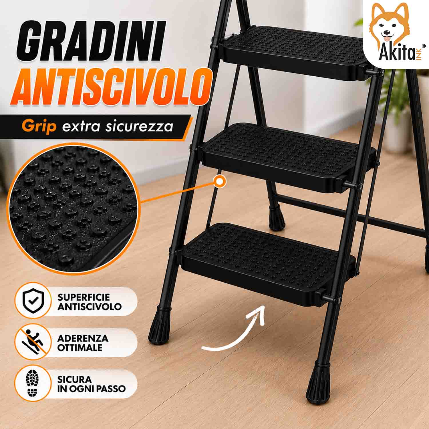 Scaletta Acciaio 3 Gradini Pieghevole Salvaspazio Nera foto 4