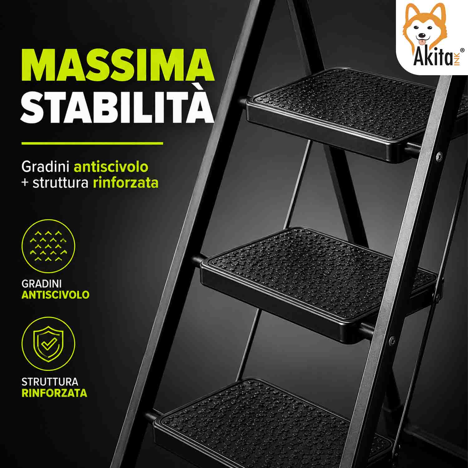 Scaletta Pieghevole 3 Gradini Nero Acciaio Antiscivolo foto 4