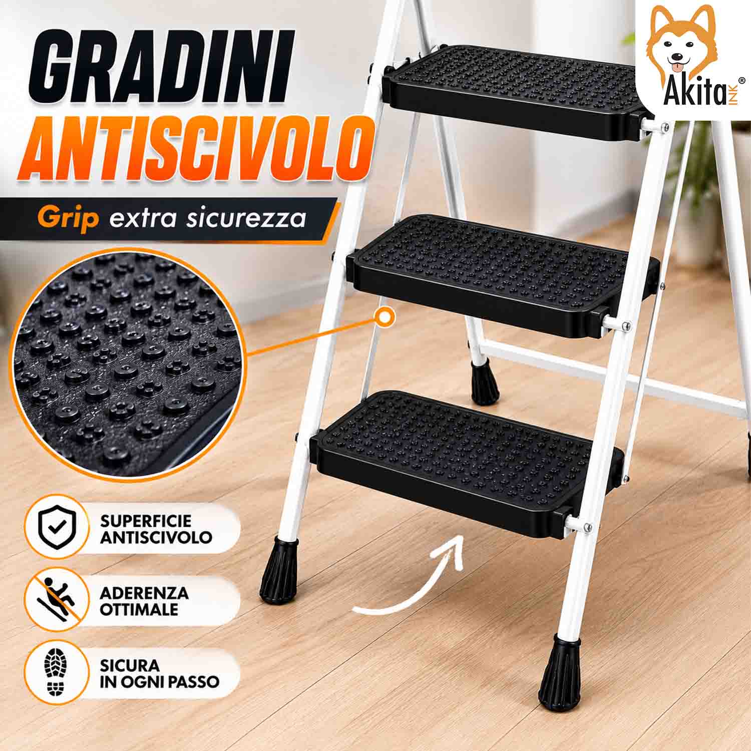 Scaletta Acciaio 3 Gradini Pieghevole Salvaspazio Bianca foto 4