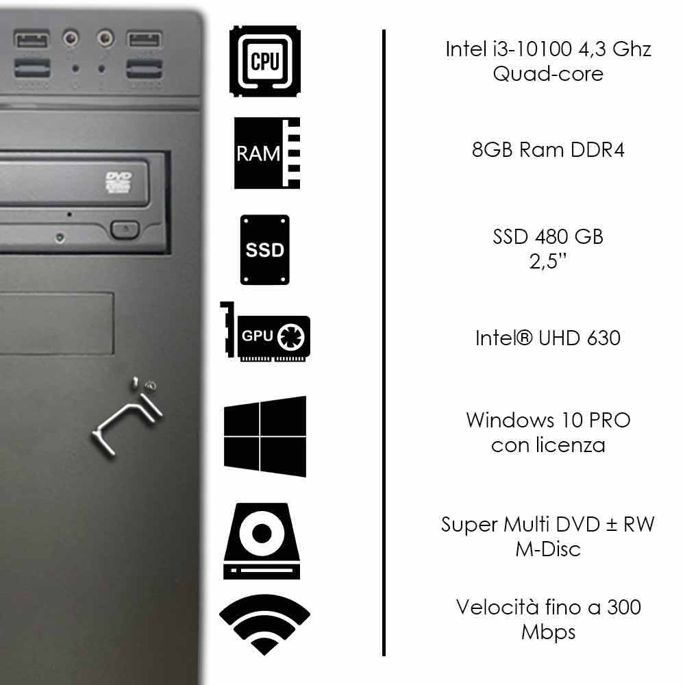Pc Desktop Intel i3-10100 8gb ram ddr4 ssd 480gb Windows 10 licenziato WiFi HDMI foto 3