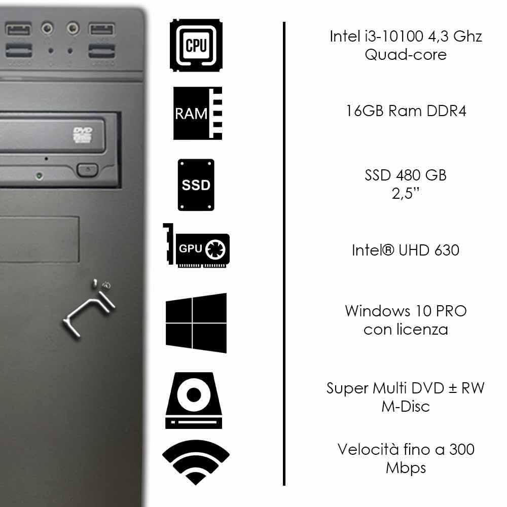 Pc Fisso Intel i3-10100 16gb ram ddr4 ssd 480gb Windows 10 licenziato WiFi HDMI foto 3