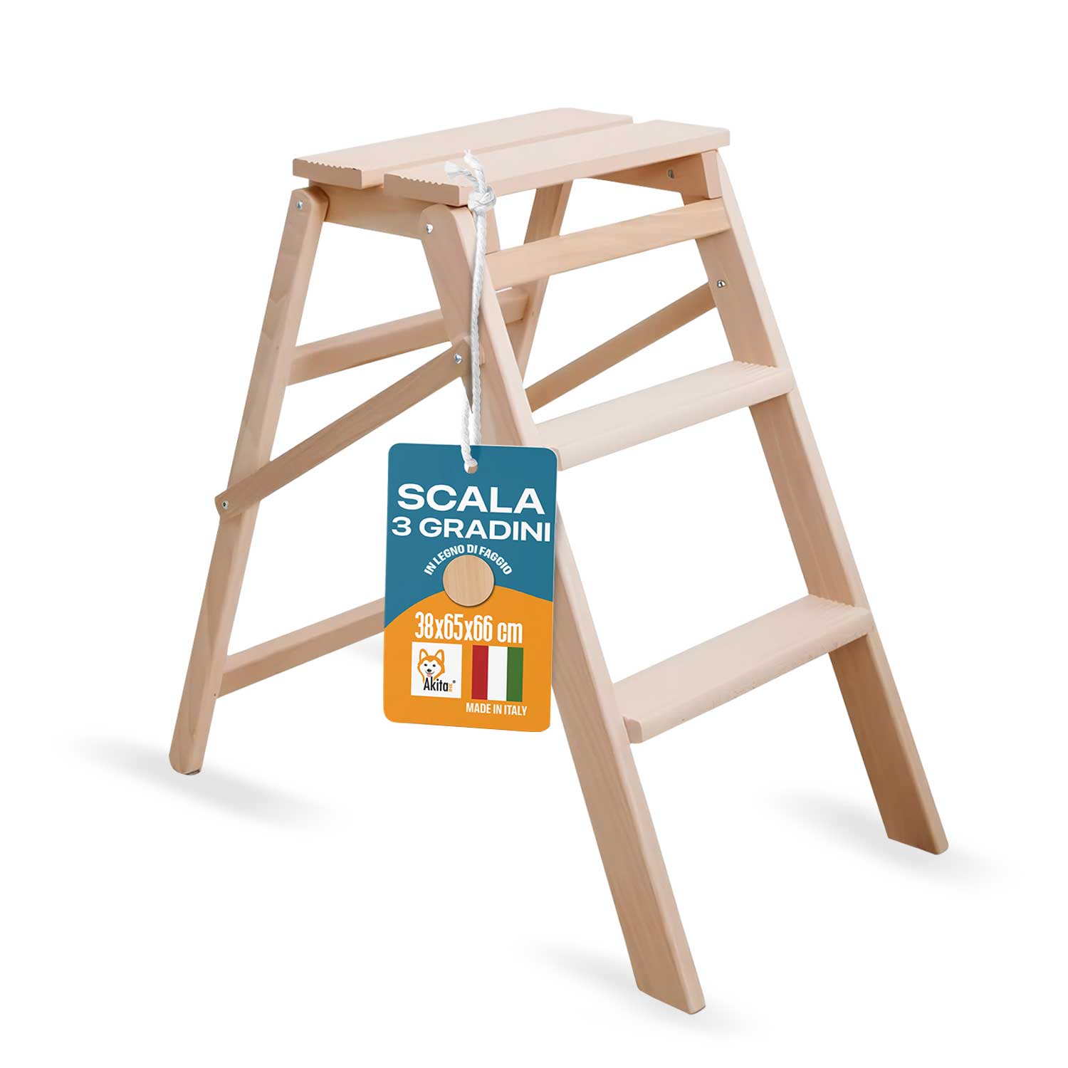 Scaletto 3 Gradini, Antiscivolo, Legno di Faggio, Pieghevole, Portata 150 kg foto 2