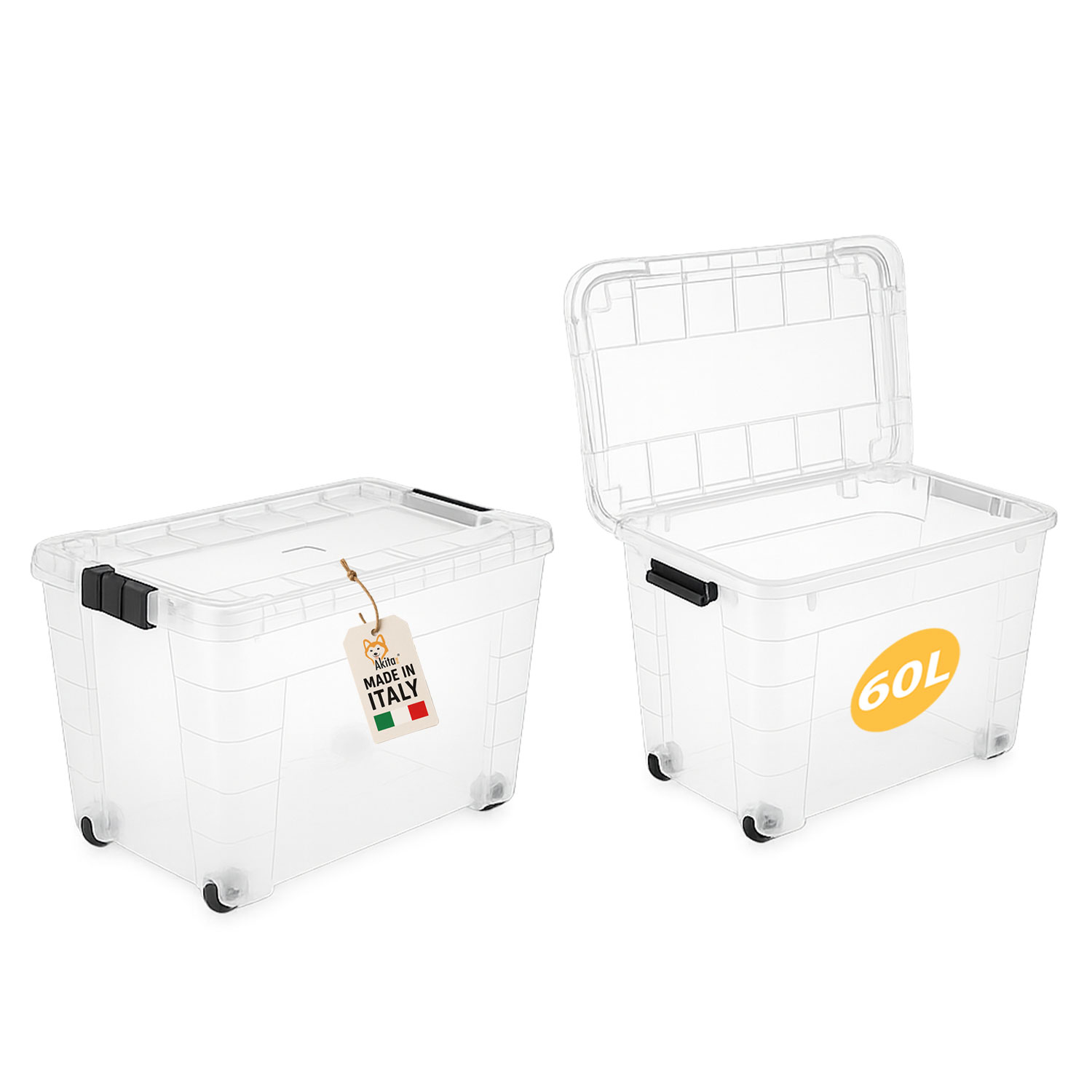 Contenitore box 60l magic 4 aperture con ruote trasparente.