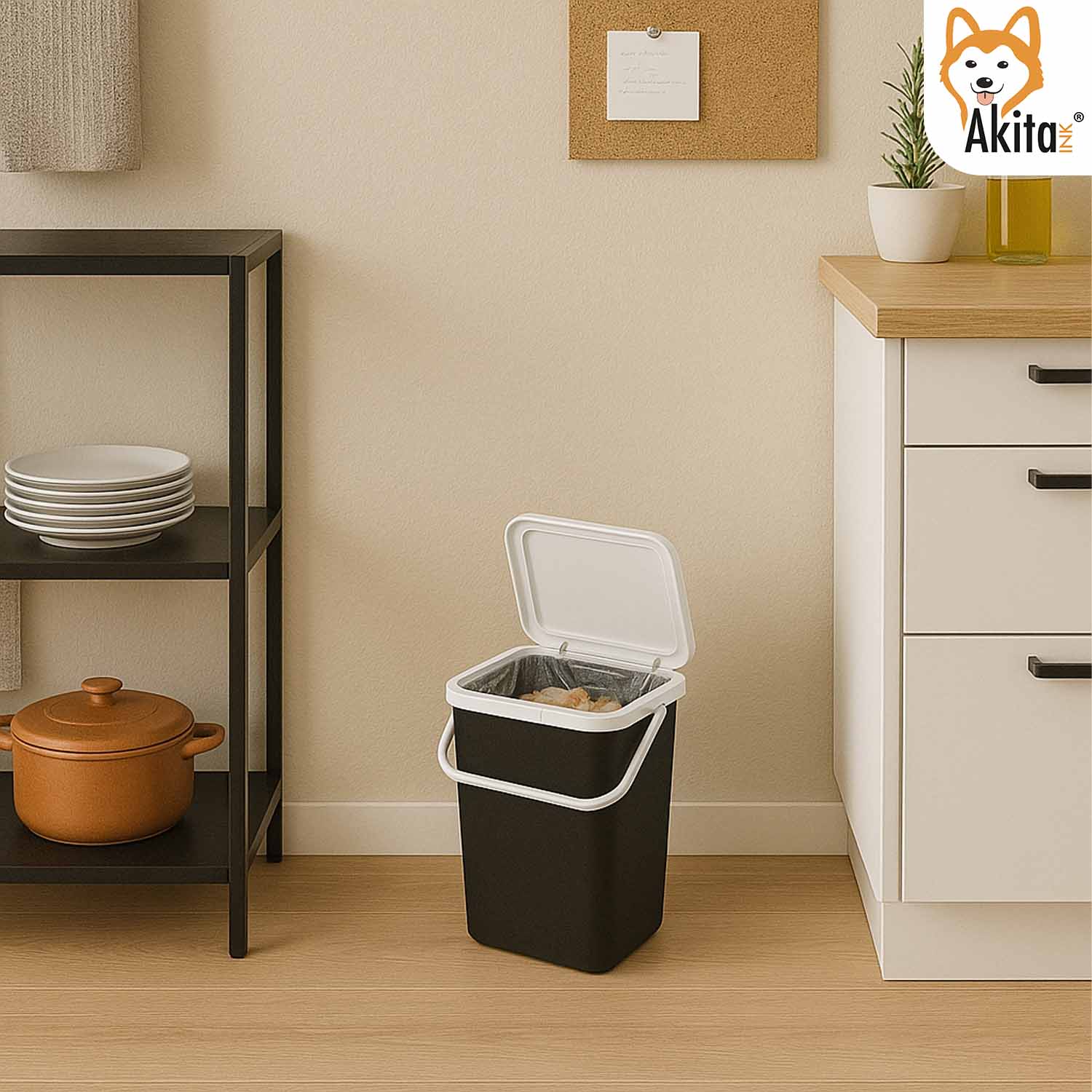 AkitaInk Pattumiera 10L Moda Nero - Bianco con Manico foto 5