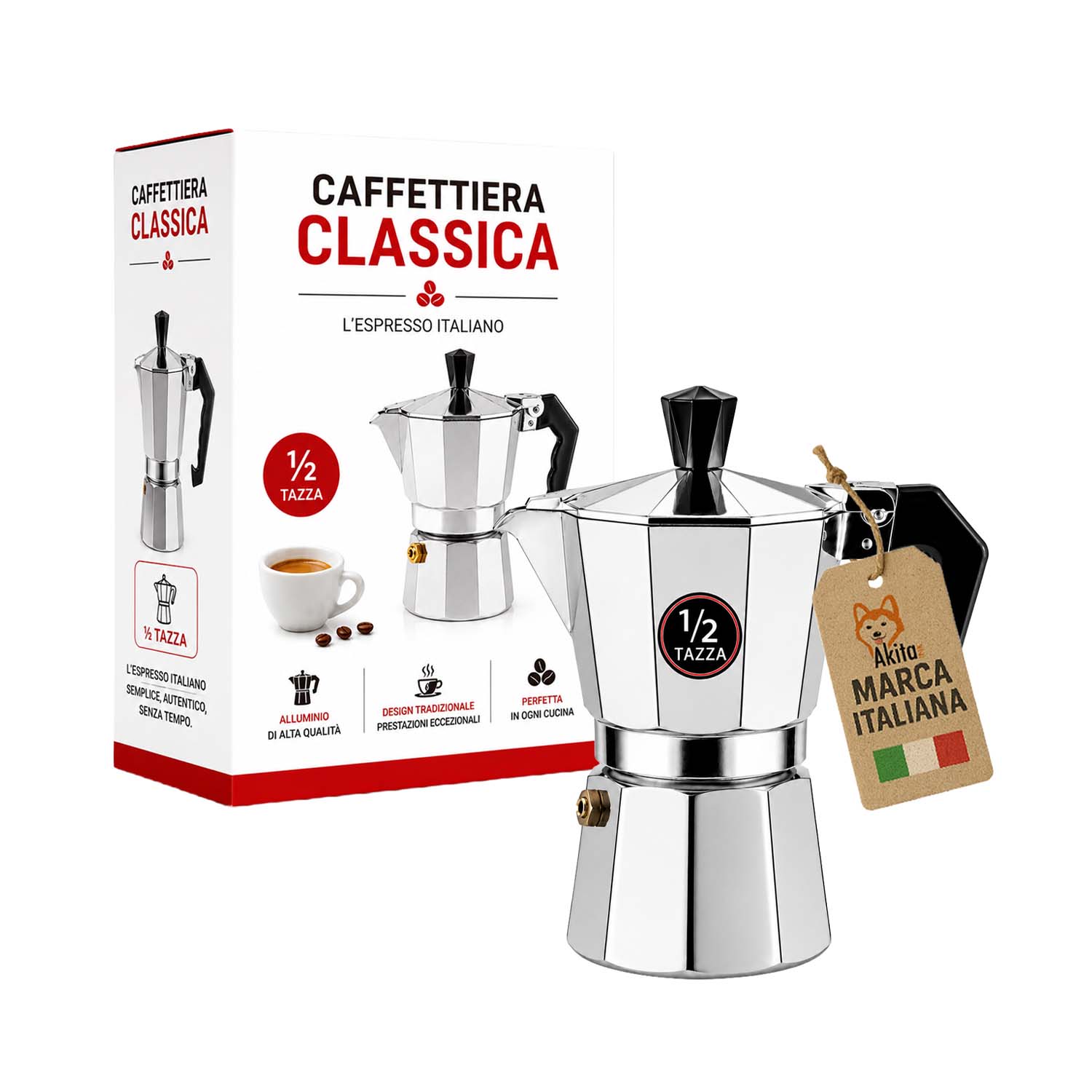 Caffettiera moka mezza tazza con valvola di sicurezza.