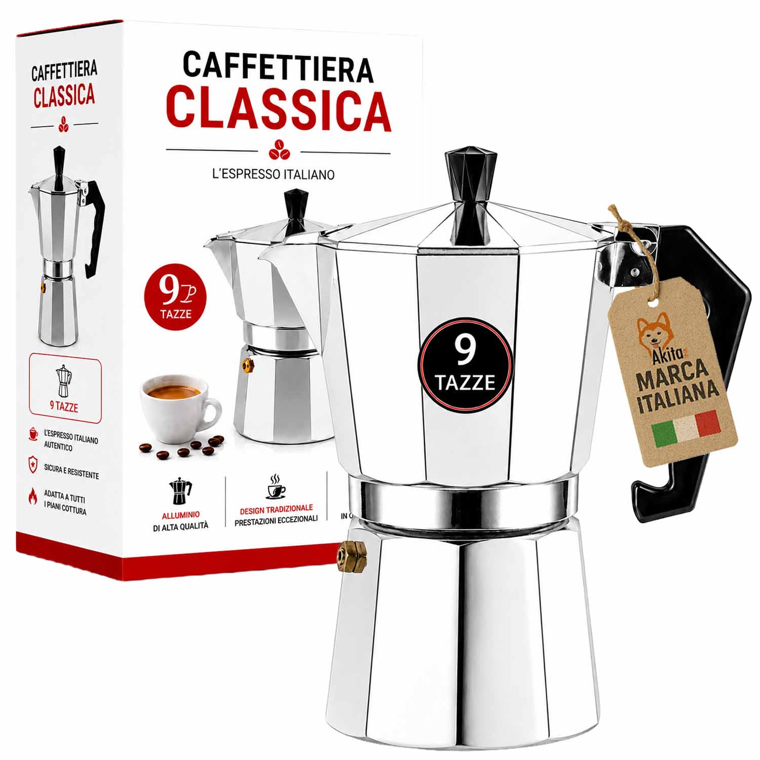Caffettiera moka 9 tazze con valvola di sicurezza.